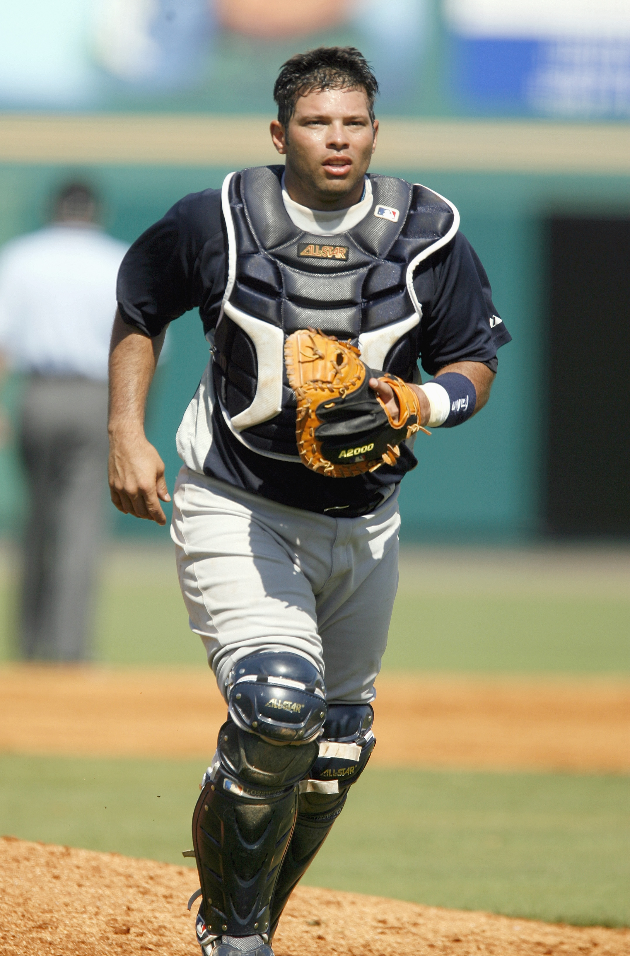BRADENTON, FL - MARCH 10:  Catcher Raul Chavez #59 of the New York Yankees jogs on the field against the Pittsburgh Pirates during a Spring Training game on March 10, 2007 at McKechnie Field in Bradenton, Florida. New York won the game 5-3. (Photo By Greg