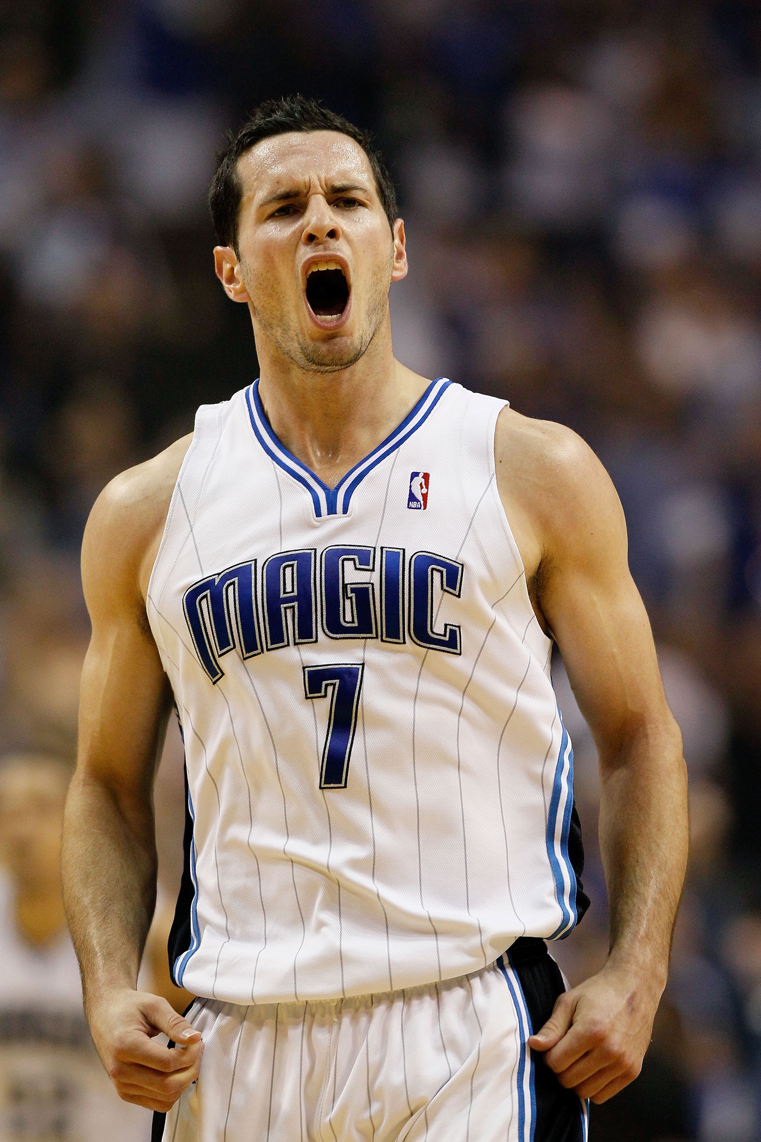 ORLANDO, FL - MAY 18:  J.J. Redick #7 of the Orlando Magic reacts against the Boston Celtics in Game Two of the Eastern Conference Finals during the 2010 NBA Playoffs at Amway Arena on May 18, 2010 in Orlando, Florida.  NOTE TO USER: User expressly acknow