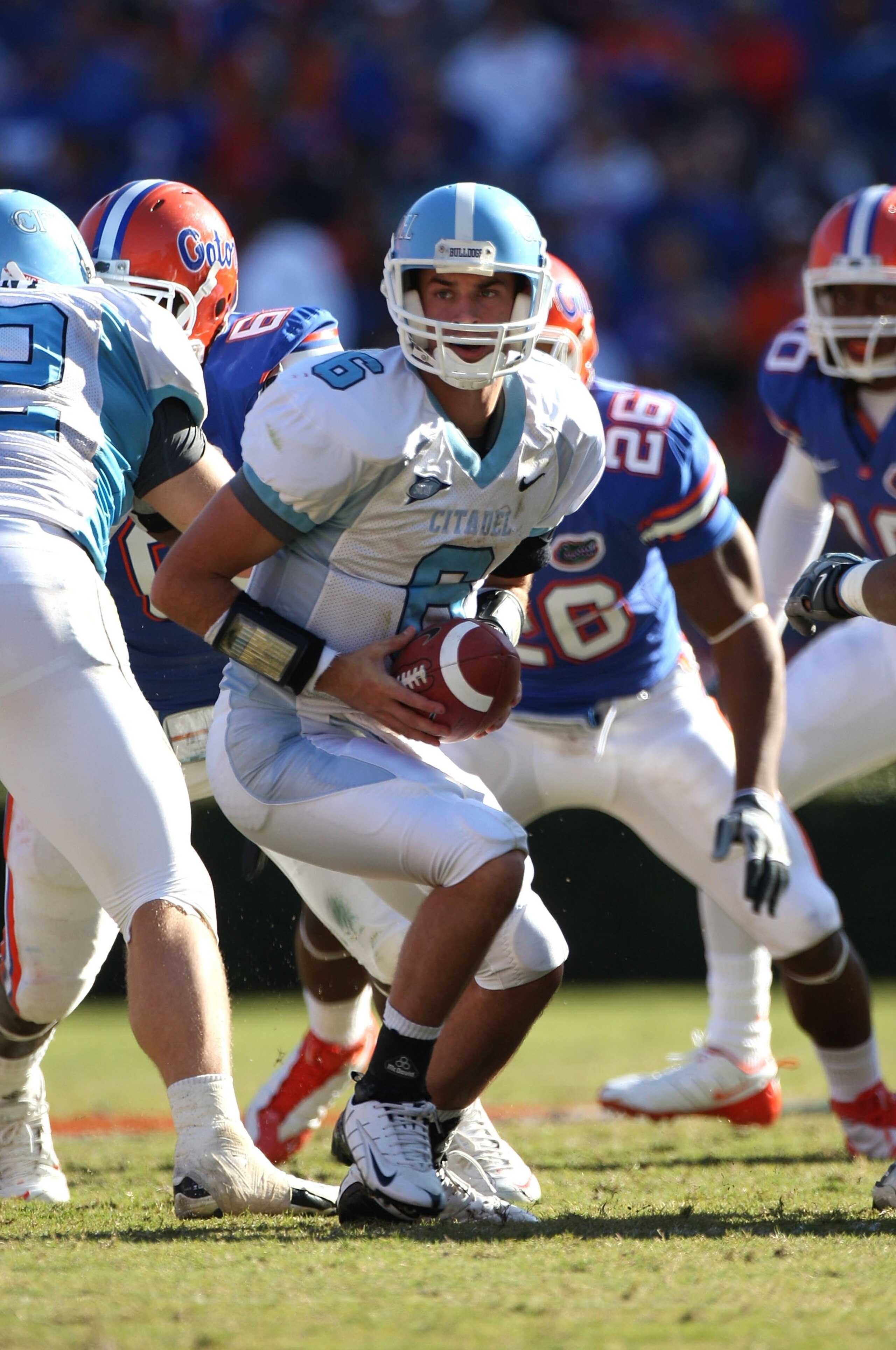 GAINESVILLE, FL - NOVEMBER 22:  Cam Turner #6 of the Citadel Bulldogs looks to hand off the ball against the Florida Gators during the game at Ben Hill Griffin Stadium on November 22, 2008 in Gainesville, Florida.  (Photo by Sam Greenwood/Getty Images)