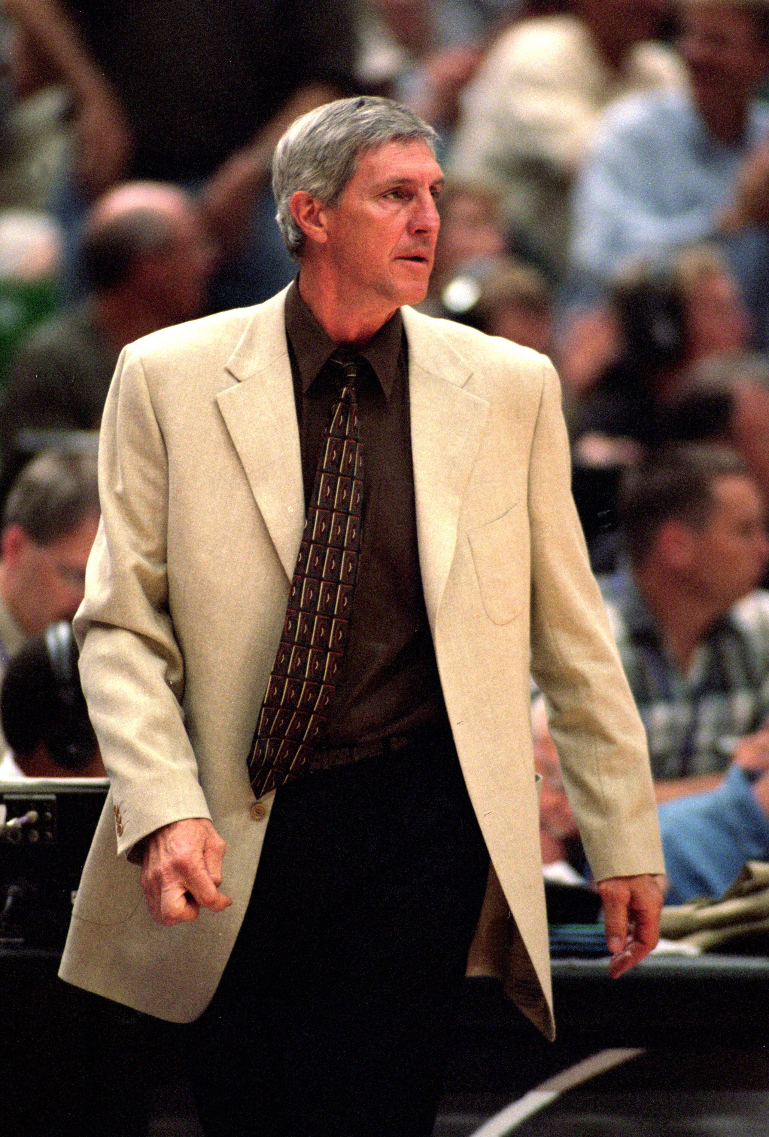 5 May 2000:  Coach Jerry Sloan of the Utah Jazz reacts to the action during the NBA Western Conference Playoffs Round One Game against the Seattle SuperSonics at the Delta Center in Salt Lake City, Utah. The Jazz defeated the SuperSonics 96-93.  NOTE TO U