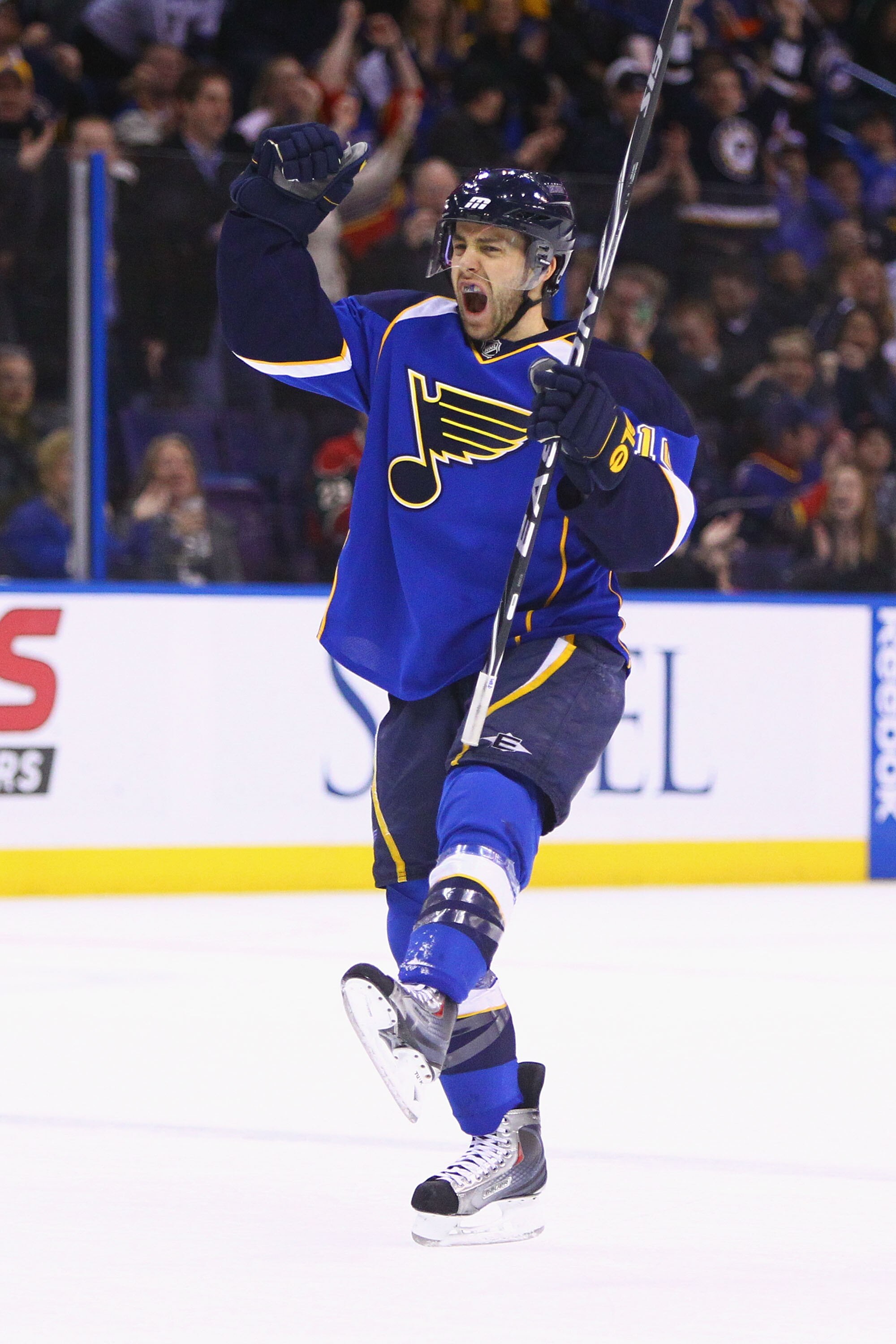 ST. LOUIS, MO - FEBRUARY 11: Andy McDonald #10 of the St. Louis Blues celebrates his goal against the Minnesota Wild at the Scottrade Center on February 11, 2011 in St. Louis, Missouri.  (Photo by Dilip Vishwanat/Getty Images)