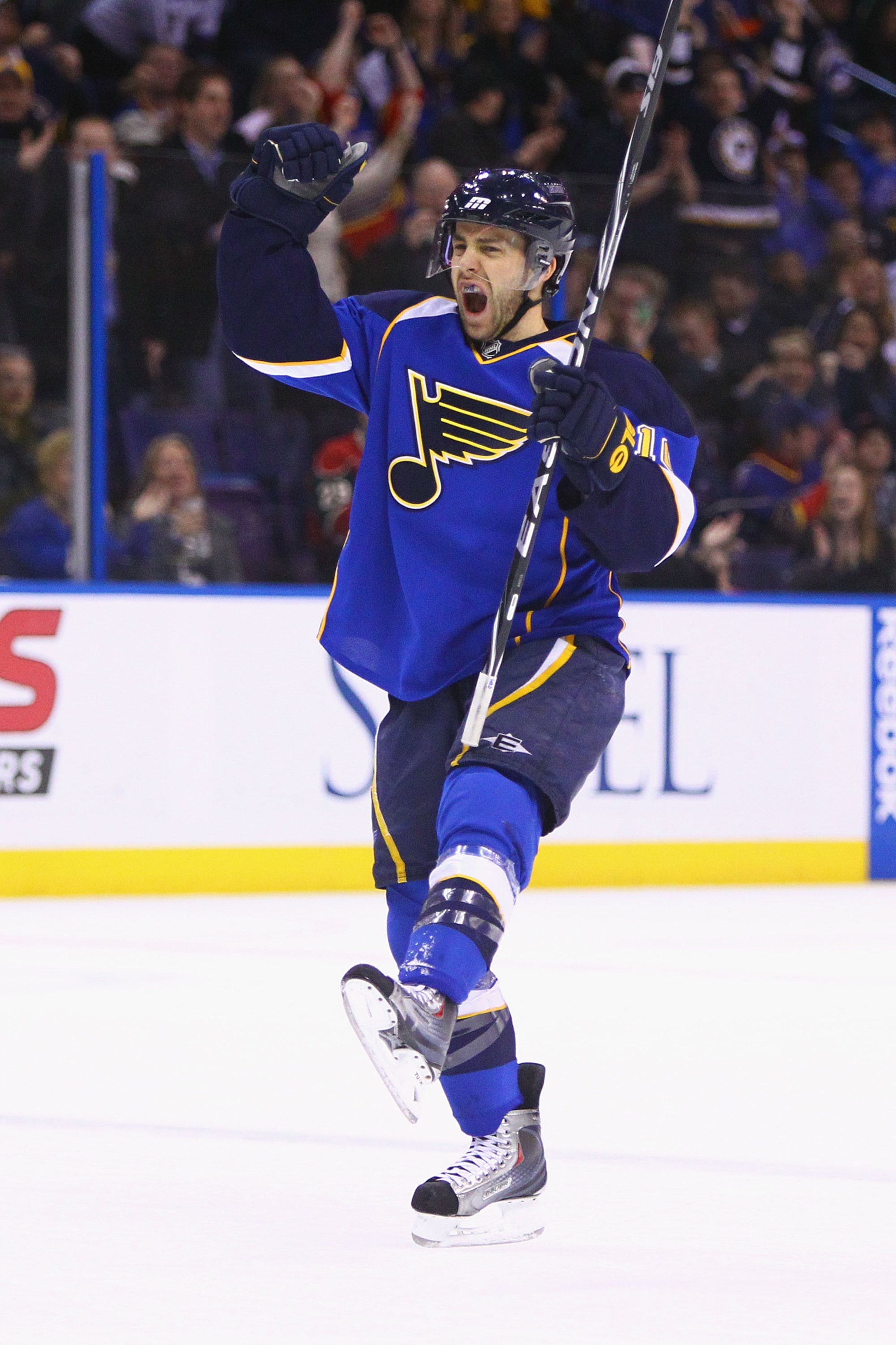 ST. LOUIS, MO - FEBRUARY 11: Andy McDonald #10 of the St. Louis Blues celebrates his goal against the Minnesota Wild at the Scottrade Center on February 11, 2011 in St. Louis, Missouri.  (Photo by Dilip Vishwanat/Getty Images)