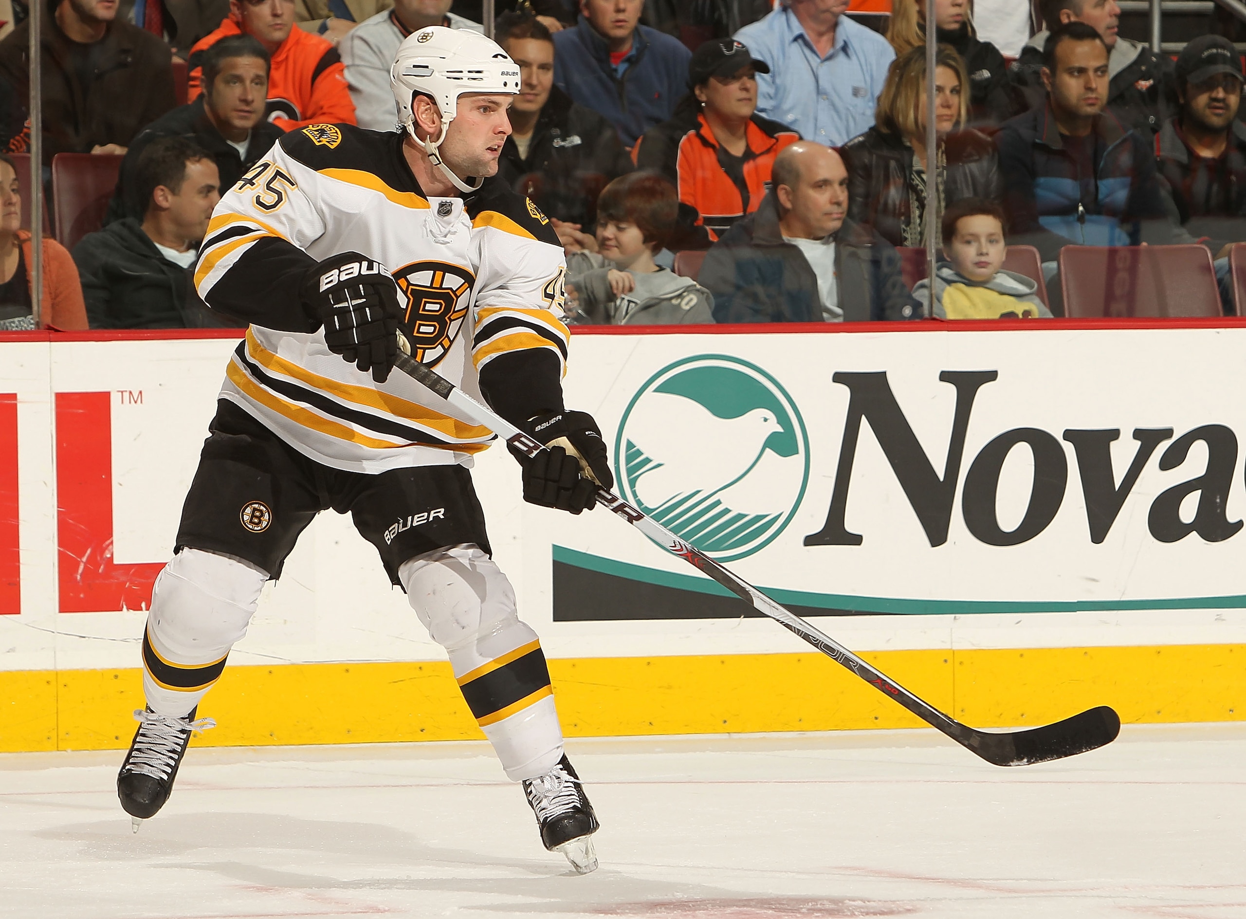 PHILADELPHIA, PA - DECEMBER 01:  Mark Stuart #45 of the Boston Bruins on the ice against the Philadelphia Flyers at the Wells Fargo Center on December 1, 2010 in Philadelphia, Pennsylvania.  (Photo by Nick Laham/Getty Images)