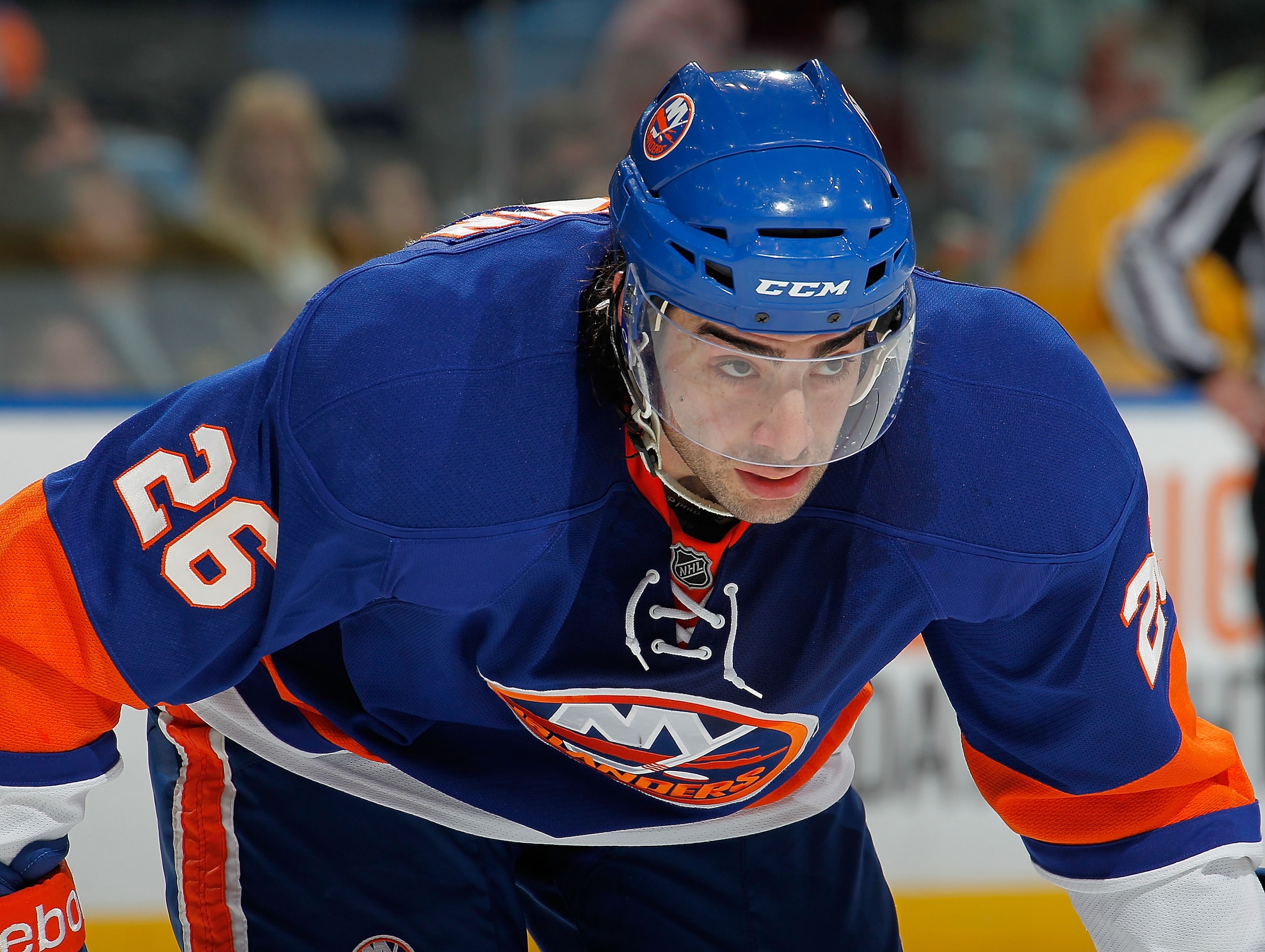 UNIONDALE, NY - FEBRUARY 17:  Matt Moulson #26 of the New York Islanders waits for a faceoff during an NHL hockey game against the Boston Bruins at the Nassau Coliseum on February 17, 2011 in Uniondale, New York.  (Photo by Paul Bereswill/Getty Images)