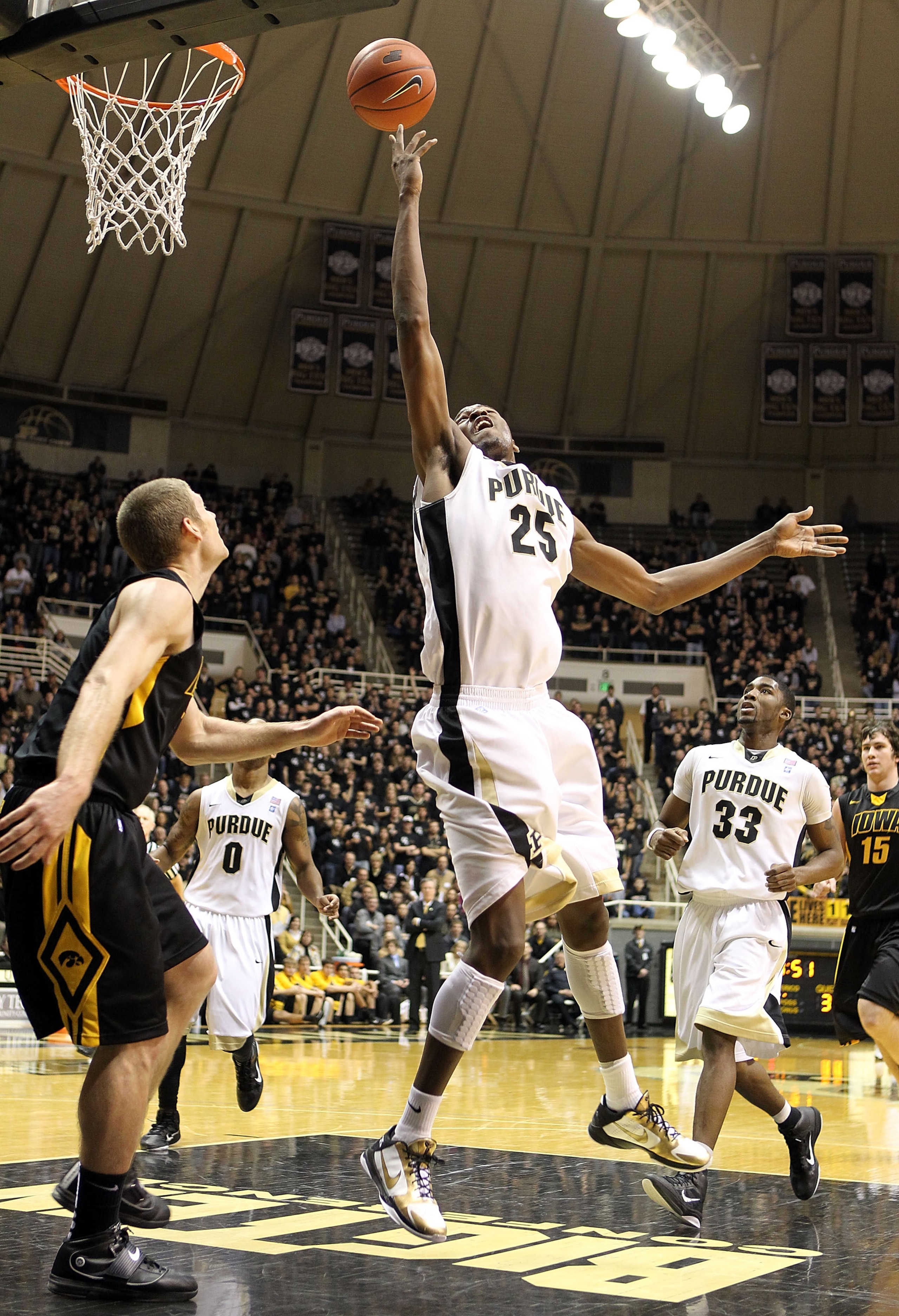WEST LAFAYETTE, IN - JANUARY 09:  JaJuan Johnson #25 of the Purdue Boilermakers shoots the ball during the Big Ten Conference game against the Iowa Hawkeyes at Mackey Arena on January 9, 2011 in West Lafayette, Indiana.  Purdue won 75-52.  (Photo by Andy