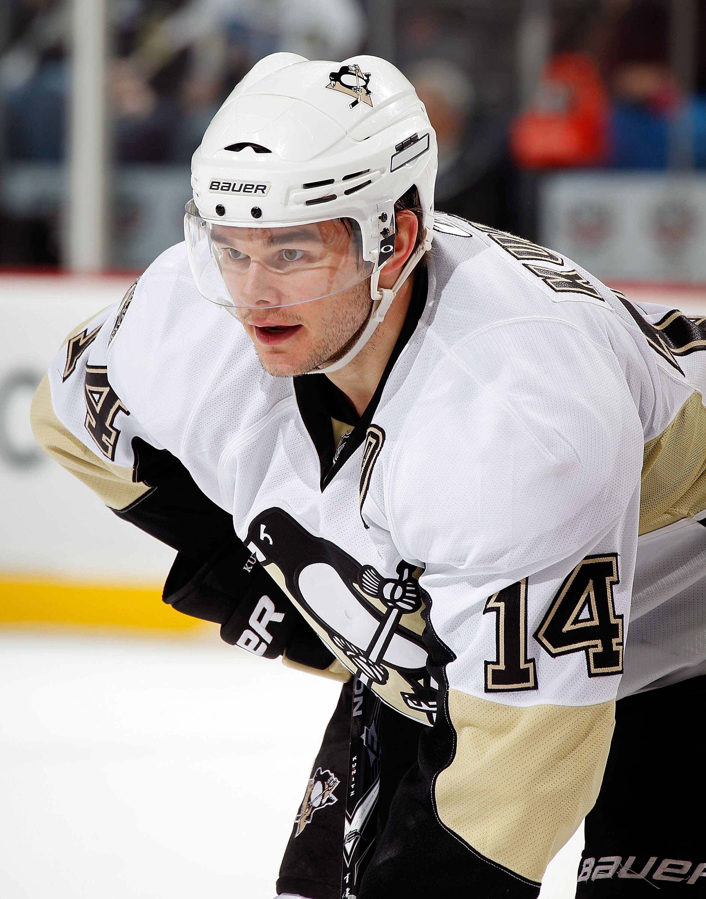 NEWARK, NJ - JANUARY 20:  Chris Kunitz #14 of the Pittsburgh Penguins waits for a faceoff during an NHL hockey game against the New Jersey Devils at the Prudential Center on January 20, 2011 in Newark, New Jersey.  (Photo by Paul Bereswill/Getty Images)