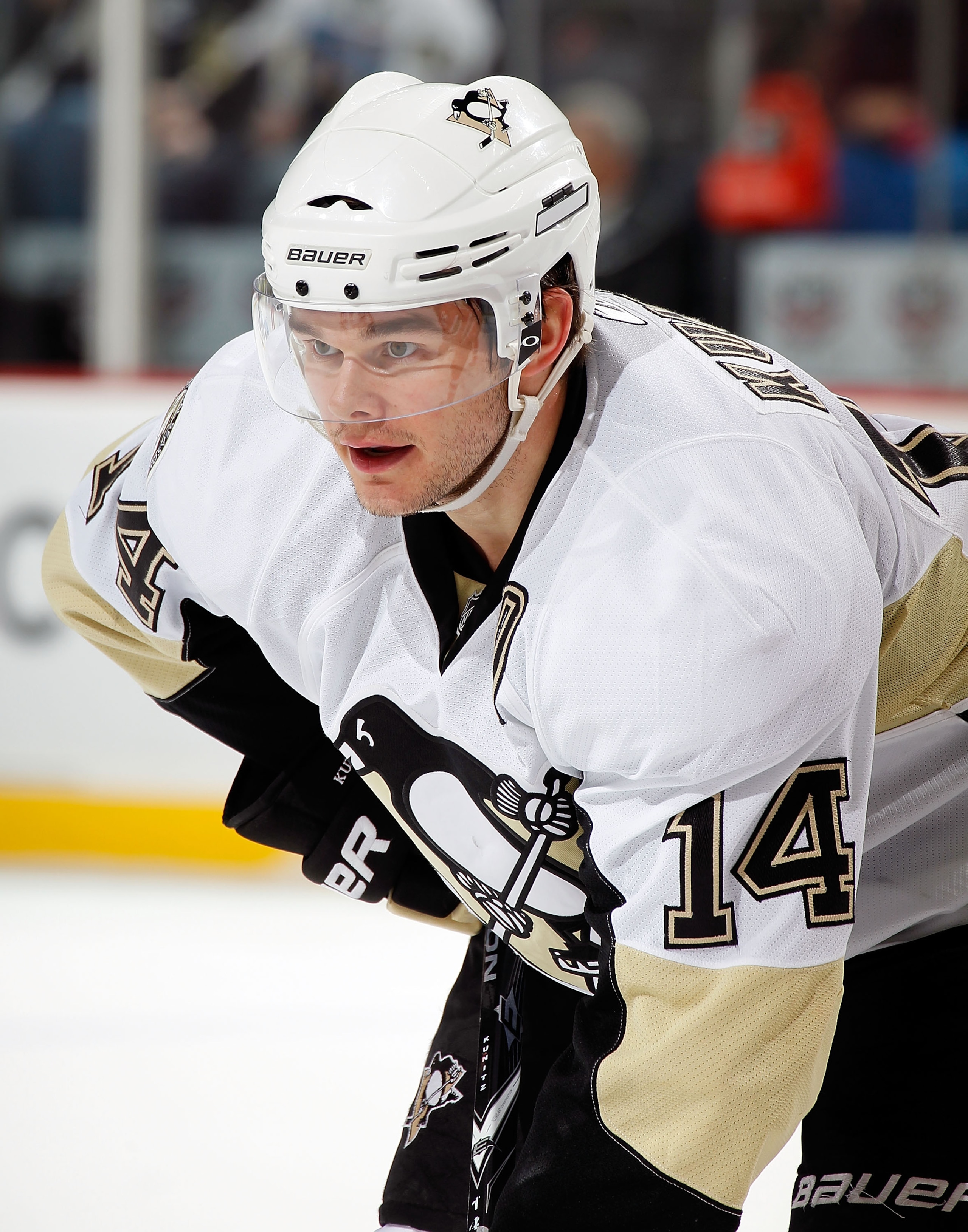 NEWARK, NJ - JANUARY 20:  Chris Kunitz #14 of the Pittsburgh Penguins waits for a faceoff during an NHL hockey game against the New Jersey Devils at the Prudential Center on January 20, 2011 in Newark, New Jersey.  (Photo by Paul Bereswill/Getty Images)