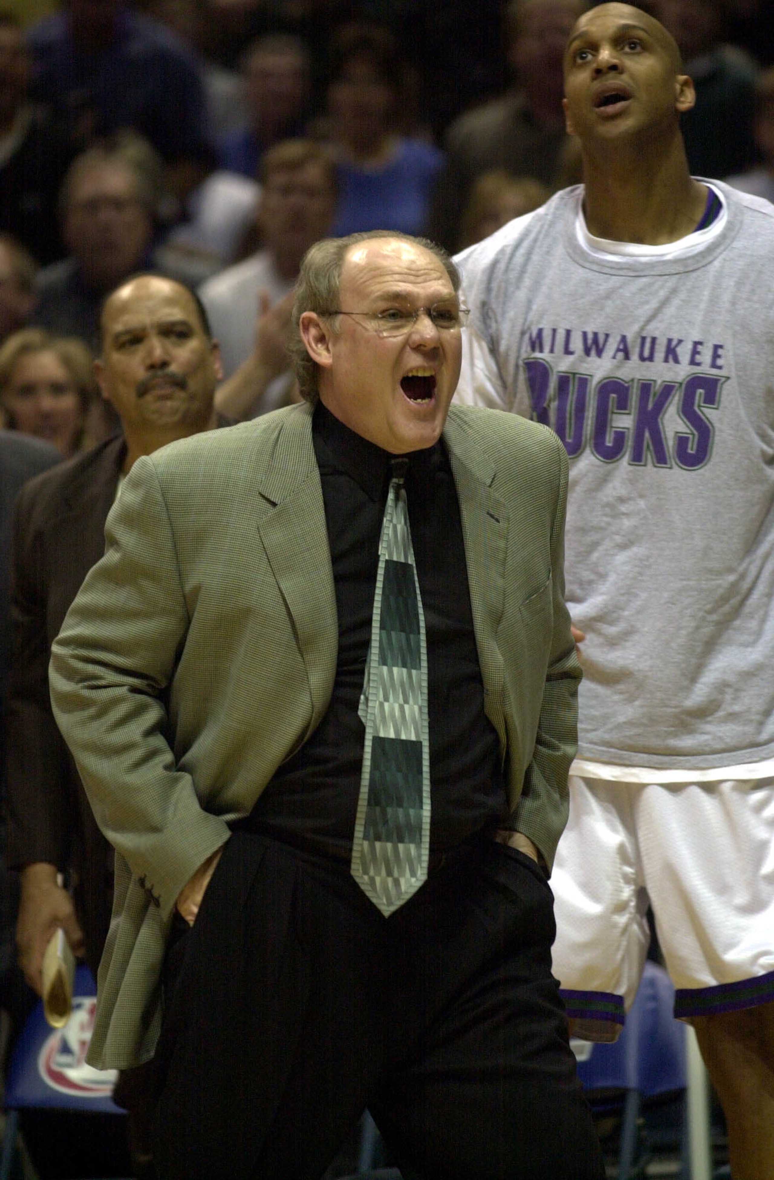 28 May 2001:  Head coach George Karl of the Milwaukee Bucks calls to his team in game four of the eastern conference finals against the Phladelphia 76ers at the Bradley Center in Milwaukee, Wisconsin.  The 76ers won 89-83.  DIGITAL IMAGE.  Mandatory Credi