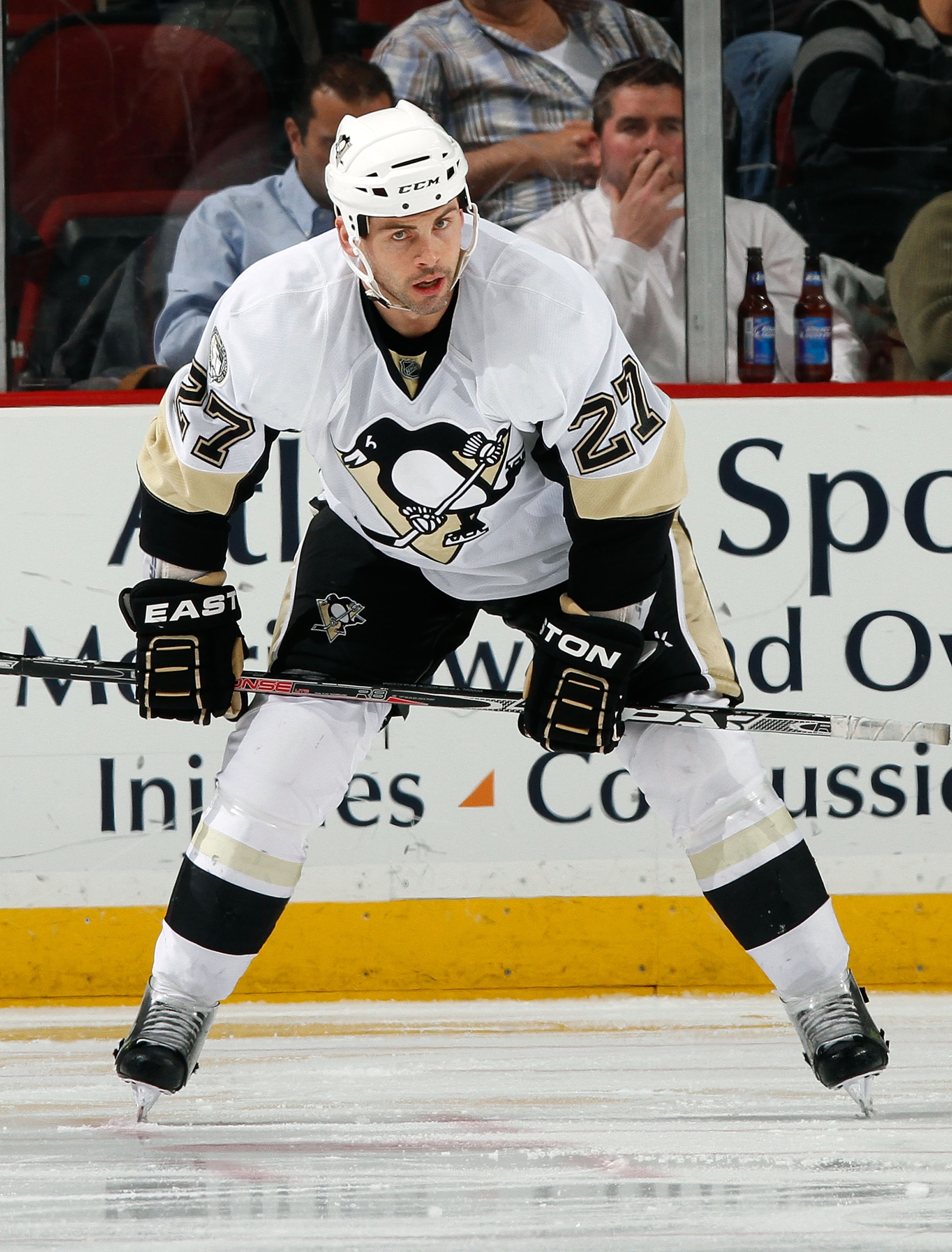 NEWARK, NJ - JANUARY 20:  Craig Adams #27 of the Pittsburgh Penguins waits for a faceoff in an NHL hockey game against the New Jersey Devils at the Prudential Center on January 20, 2011 in Newark, New Jersey.  (Photo by Paul Bereswill/Getty Images)