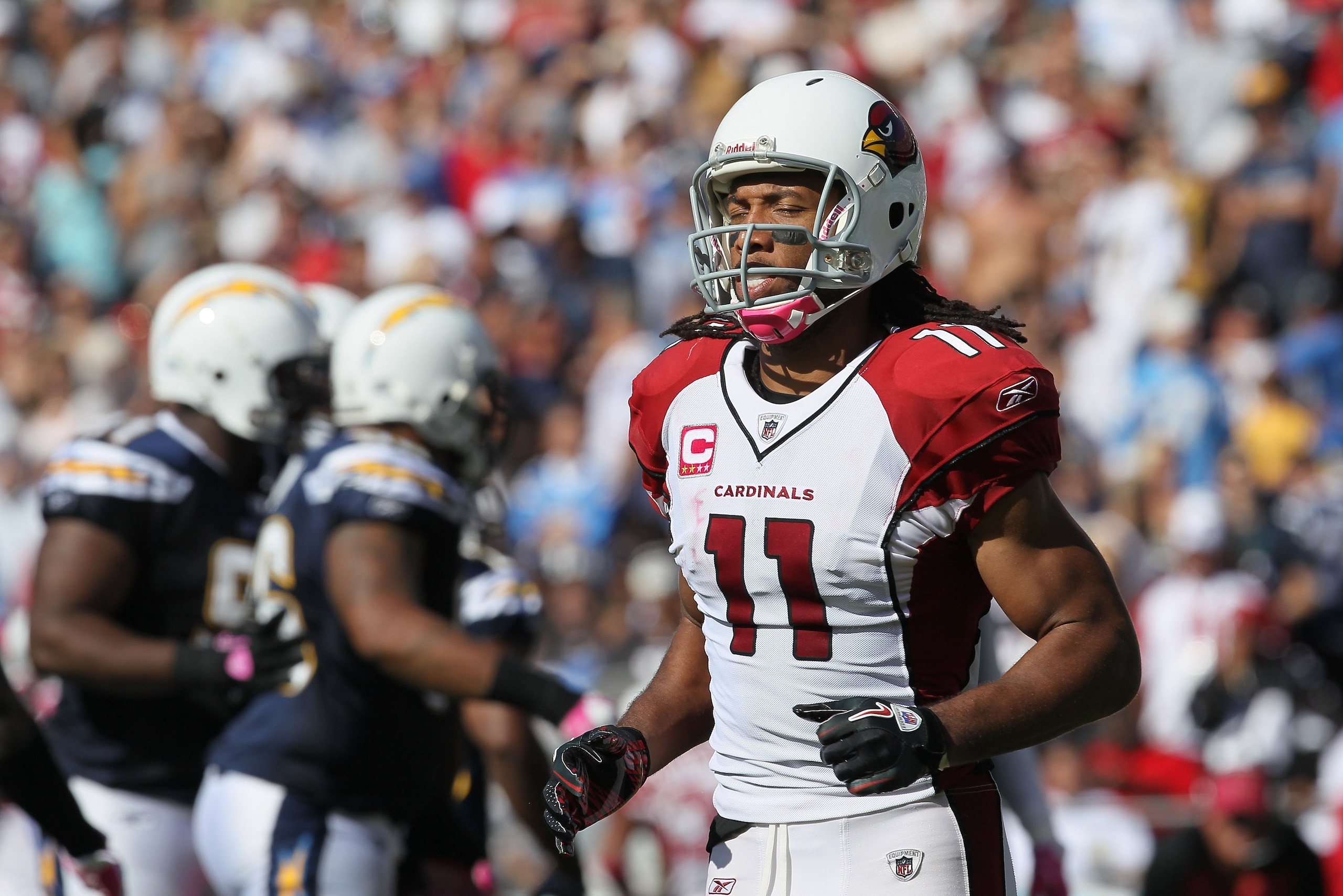 SAN DIEGO - OCTOBER 03:  Wide receiver Larry Fitzgerald #11 ofthe Arizona Cardinals on the field against the San Diego Chargers at Qualcomm Stadium on October 3, 2010 in San Diego, California.  The Chargers won 41-10.  (Photo by Stephen Dunn/Getty Images)