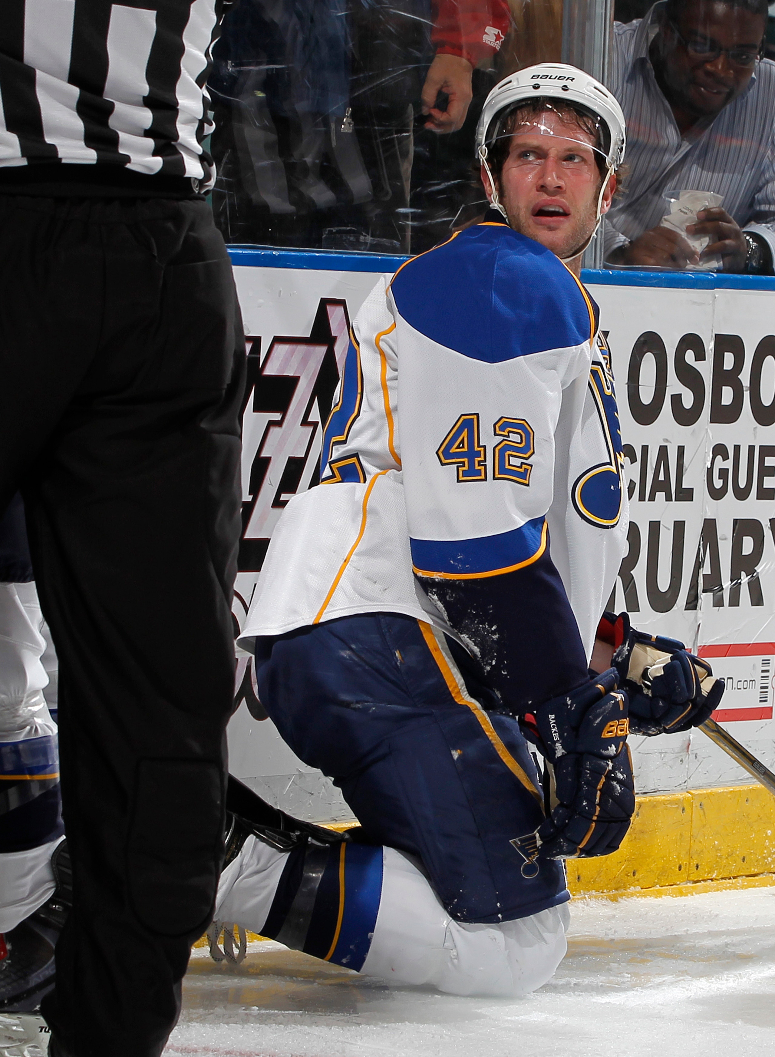 SUNRISE, FL - FEBRUARY 8: David Backes #42 of the St. Louis Blues looks up at the referee after he was boarded by Michael Frolik #67 (not pictured) of the Florida Panthers on February 8, 2011 at the BankAtlantic Center in Sunrise, Florida. The Blues defea