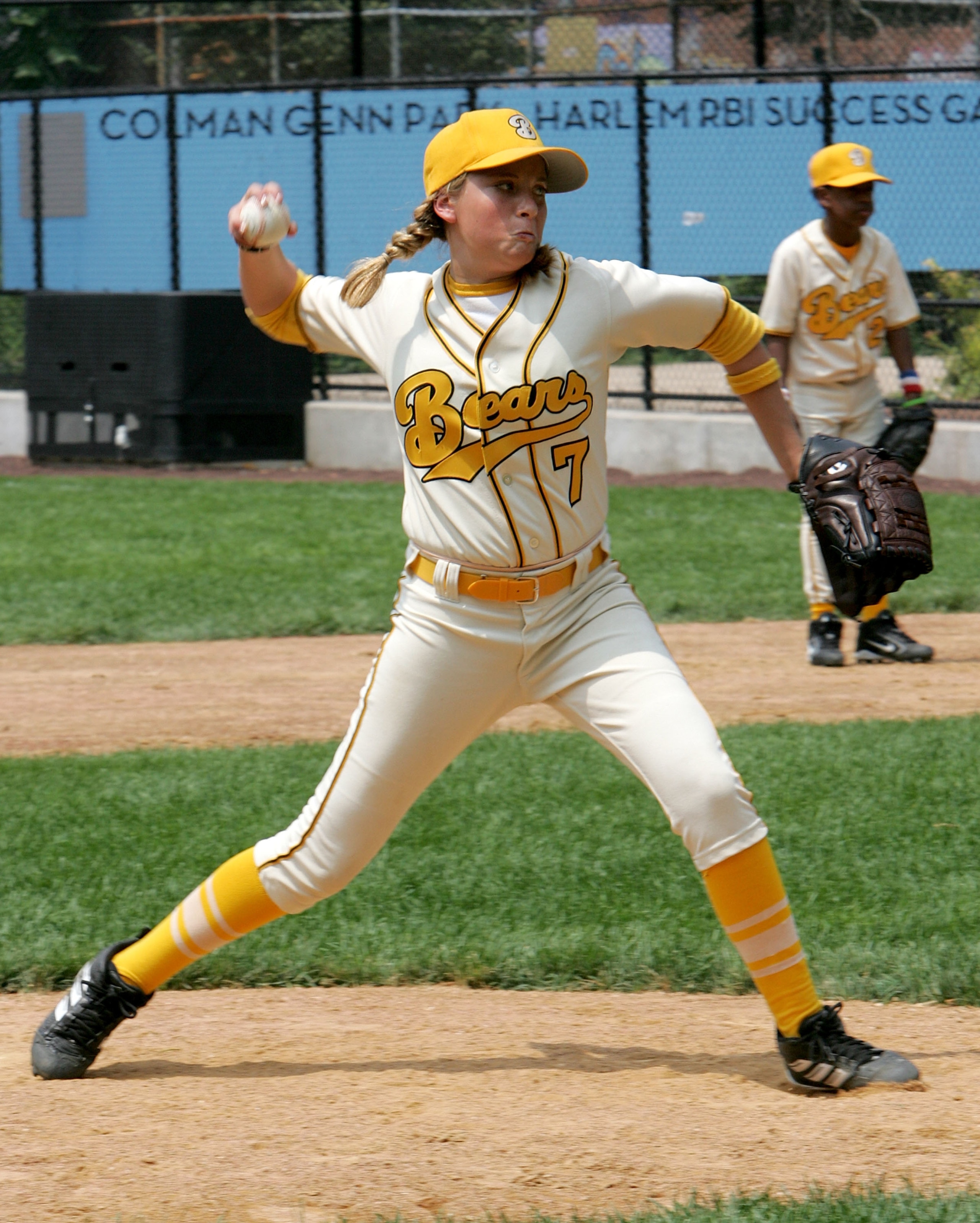 NEW YORK - JULY 19:  Actress Sammi Kane Kraft pitches during a scrimmage as the 'Bad News Bears' visit Harlem little leaguers at the Harlem RBI Field July 19, 2005 in New York City.  (Photo by Paul Hawthorne/Getty Images)