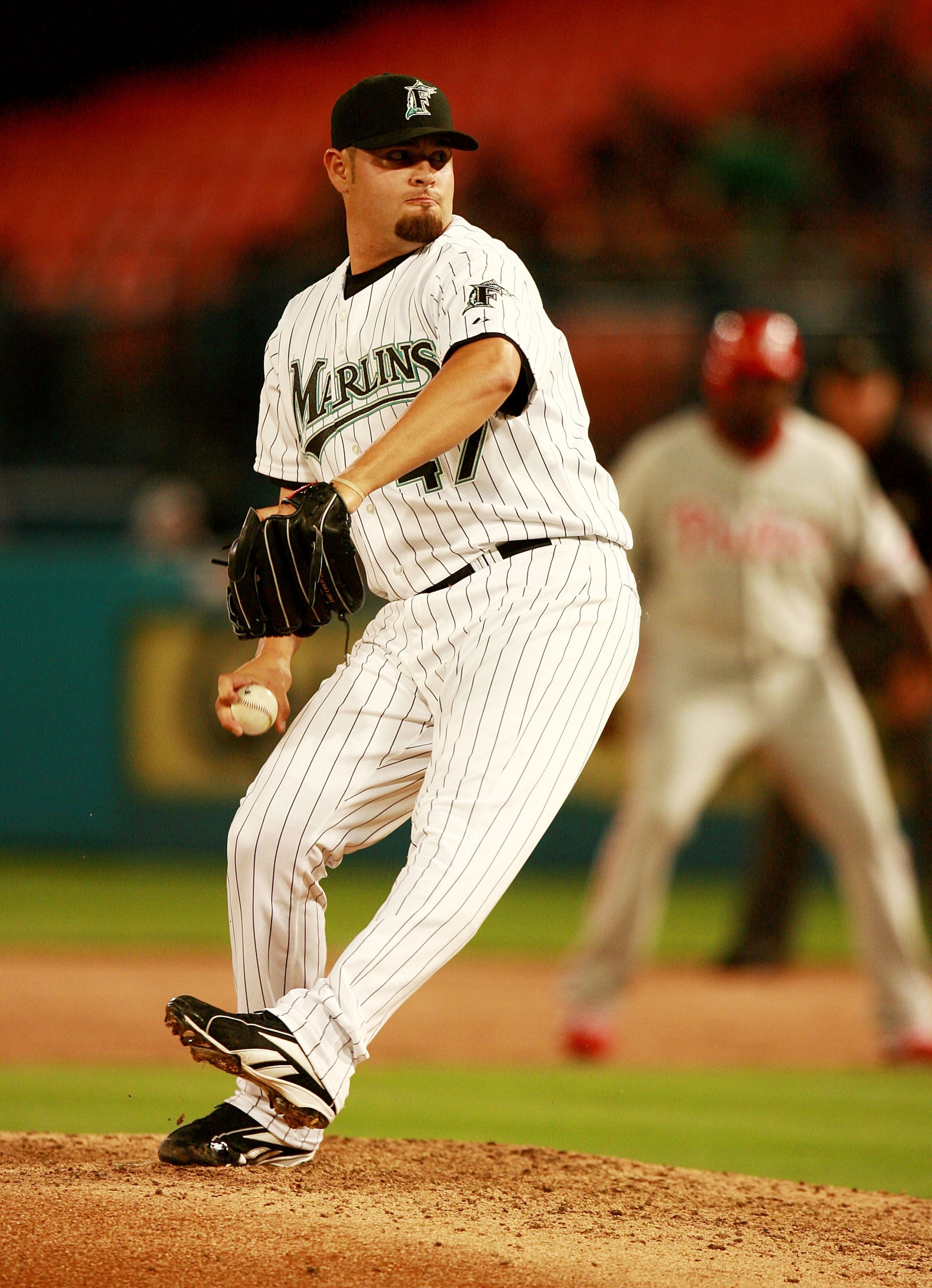 MIAMI - APRIL 06:  Pitcher Ricky Nolasco #47 of the Florida Marlins pitches in the seventh inning against the Philadelphia Phillies at Dolphin Stadium on April 6, 2007 in Miami, Florida. The Phillies defeated the Marlins 8-2, for their first victory of th