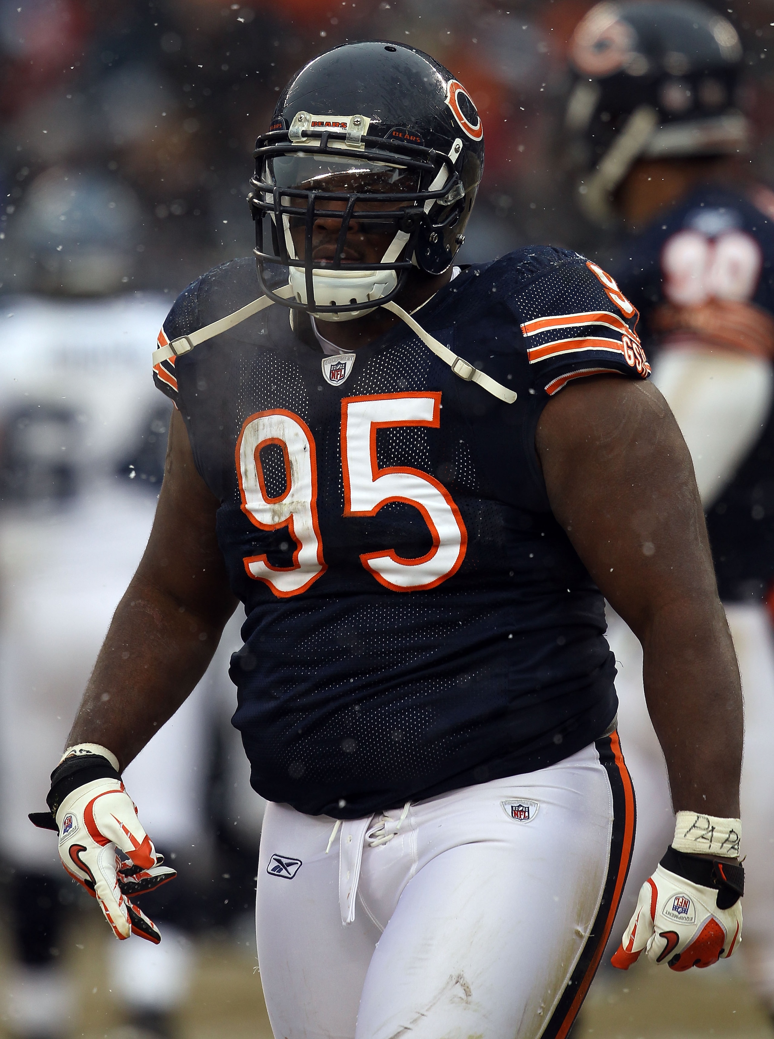 CHICAGO, IL - JANUARY 16:  Anthony Adams #95 of the Chicago Bears looks on against the Seattle Seahawks in the 2011 NFC divisional playoff game at Soldier Field on January 16, 2011 in Chicago, Illinois.  (Photo by Jonathan Daniel/Getty Images)