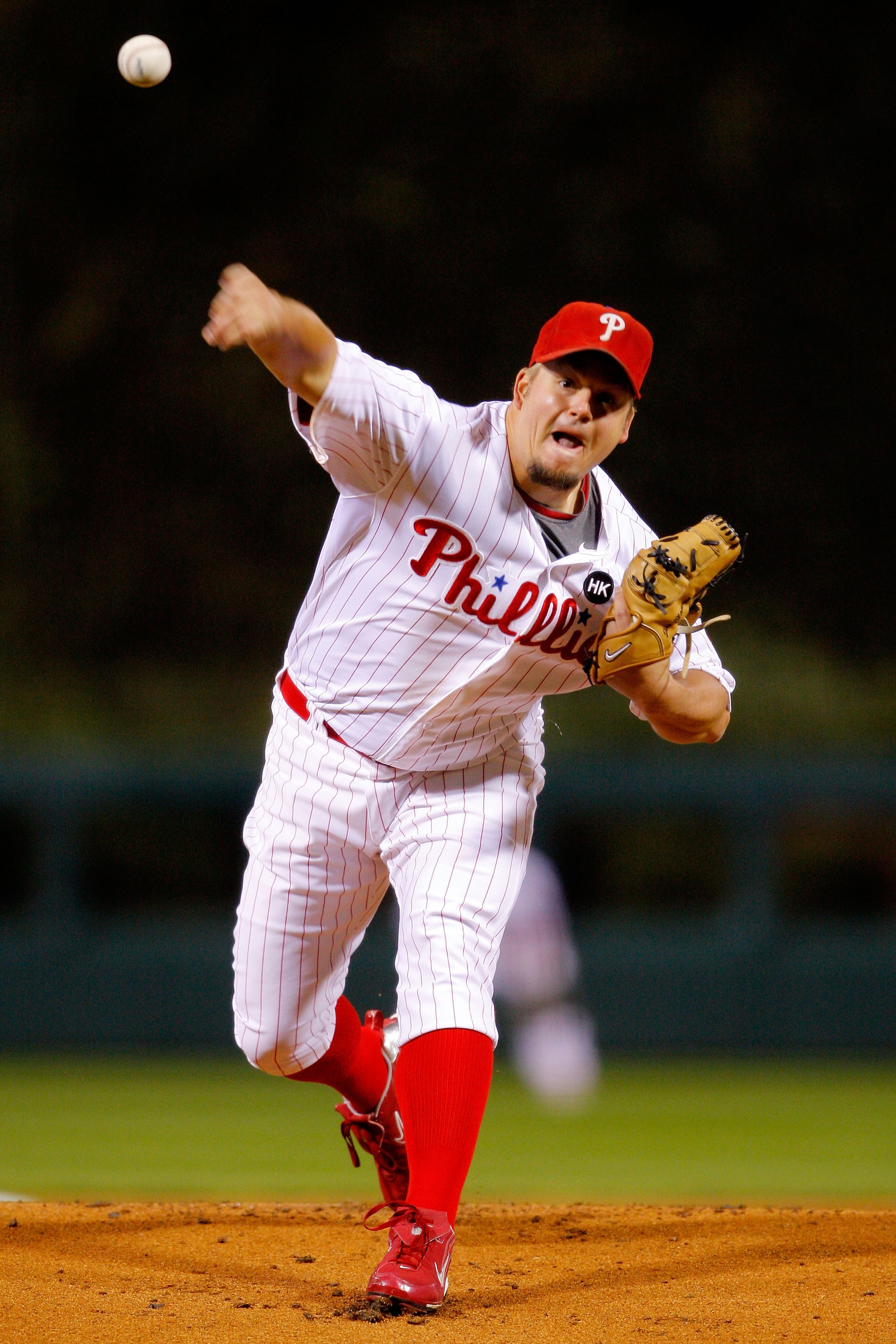PHILADELPHIA - OCTOBER 19:  Starting pitcher Joe Blanton #56 of the Philadelphia Phillies throws a pitch against the Los Angeles Dodgers in Game Four of the NLCS during the 2009 MLB Playoffs at Citizens Bank Park on October 19, 2009 in Philadelphia, Penns