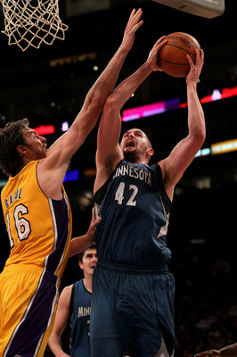LOS ANGELES - NOVEMBER 9: Kevin Love #42 of the Minnesota Timberwolves shoots over Pau Gasol #16 of the Los Angeles Lakers at Staples Center on November 9, 2010 in Los Angeles, California. The Lakers won 99-94.   NOTE TO USER: User expressly acknowledges 