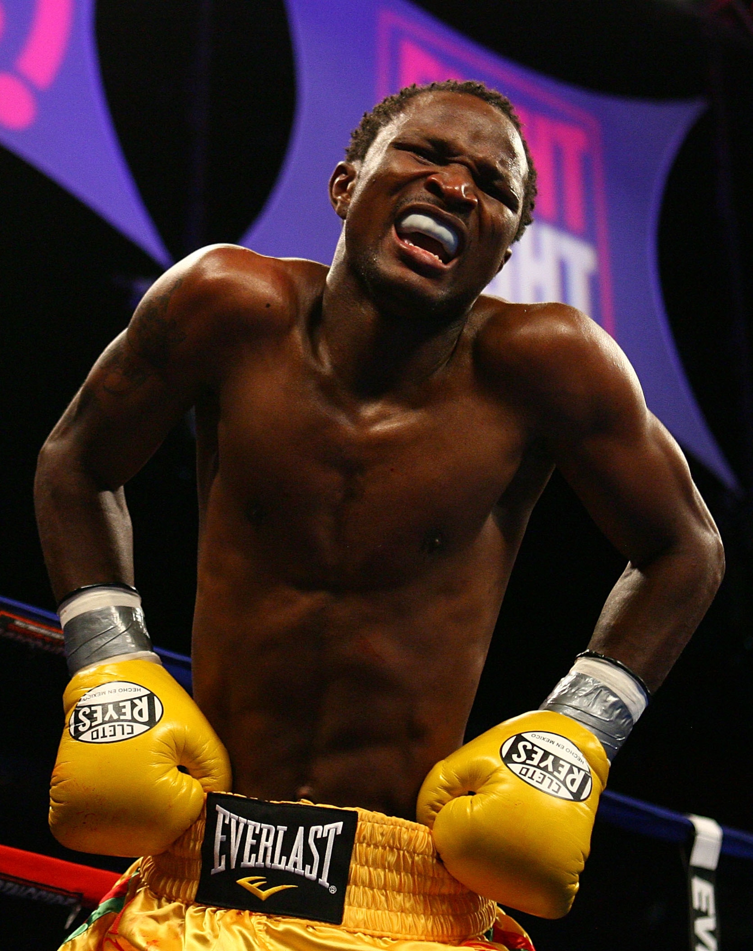 NEWARK, NJ - DECEMBER 11:  Joseph Agbeko is in pain after being hit by a low blow by William Gonzalez during their IBF Bantamweight Championship fight on December 11, 2008 at The Prudential Center in Newark, New Jersey.  (Photo by Al Bello/Getty Images)