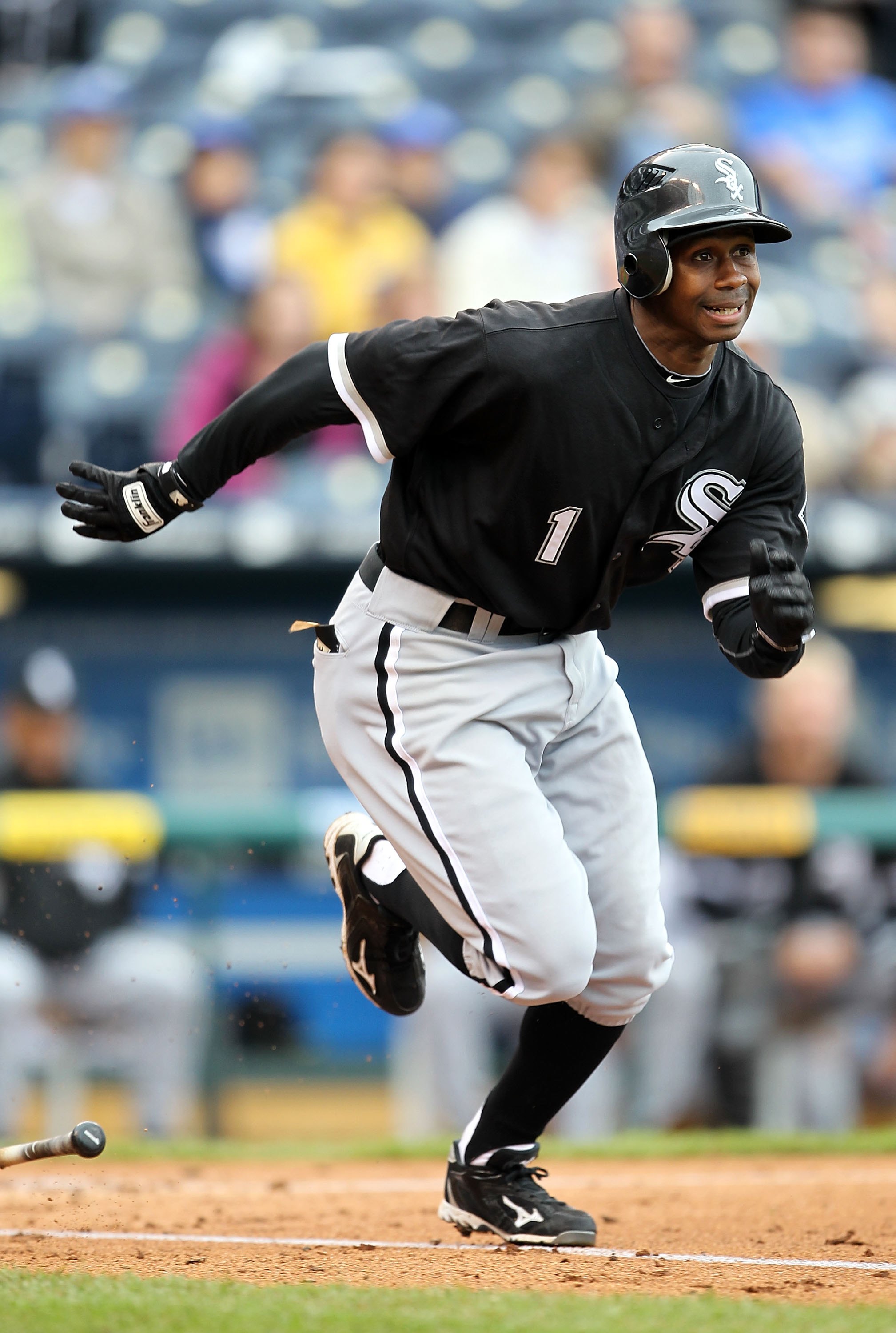 KANSAS CITY, MO - MAY 16:  Juan Pierre #1 of the Chicago White Sox runs toward first after a hit during the game against the Kansas City Royals on May 16, 2010 at Kauffman Stadium in Kansas City, Missouri.  (Photo by Jamie Squire/Getty Images)