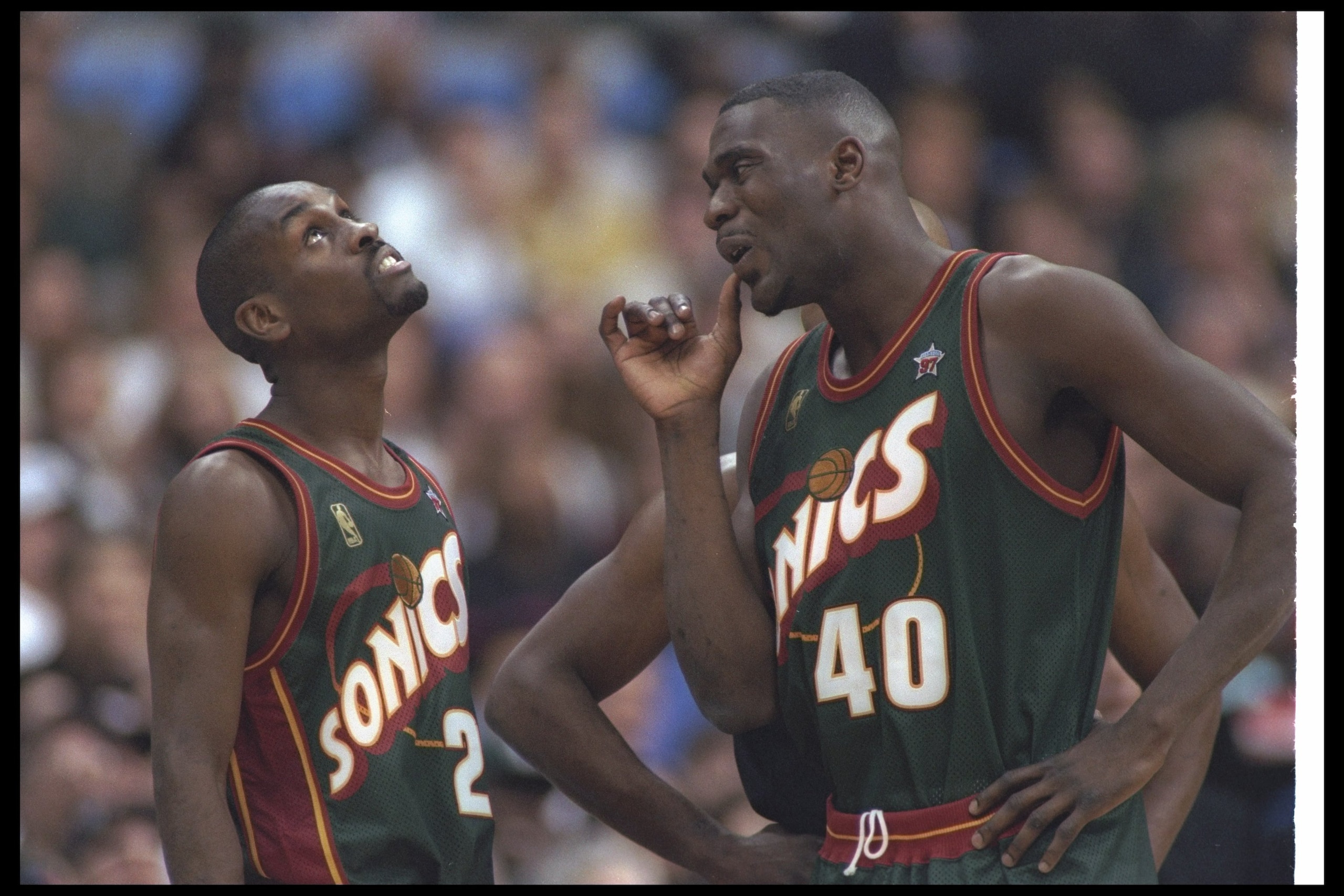 9 Feb 1997: Seattle Supersonics forward Shawn Kemp (right) and guard Gary Payton confer during the NBA All-Star game in Cleveland, Ohio. Mandatory Credit: Brian Bahr/Allsport 9 Feb 1997: Seattle Supersonics forward Shawn Kemp (right) and guard Gary Payton confer during the NBA All-Star game in Cleveland, Ohio. Mandatory Credit: Brian Bahr/Allsport