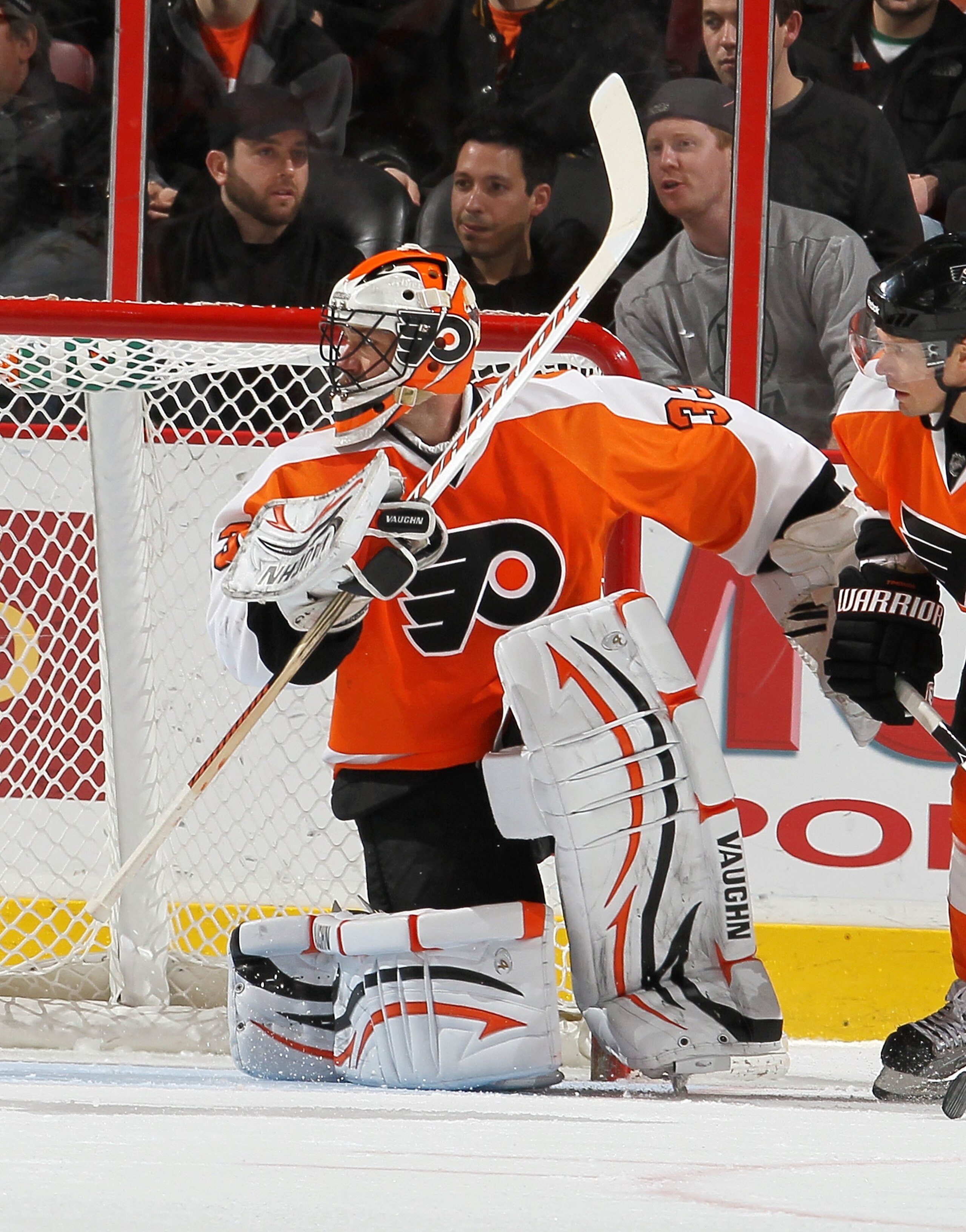 PHILADELPHIA, PA - FEBRUARY 05:  Brian Boucher #33 of the Philadelphia Flyers skates against the Dallas Stars on February 5, 2011 at Wells Fargo Center in Philadelphia, Pennsylvania. The Flyers defeated the Stars 3-1.  (Photo by Jim McIsaac/Getty Images)