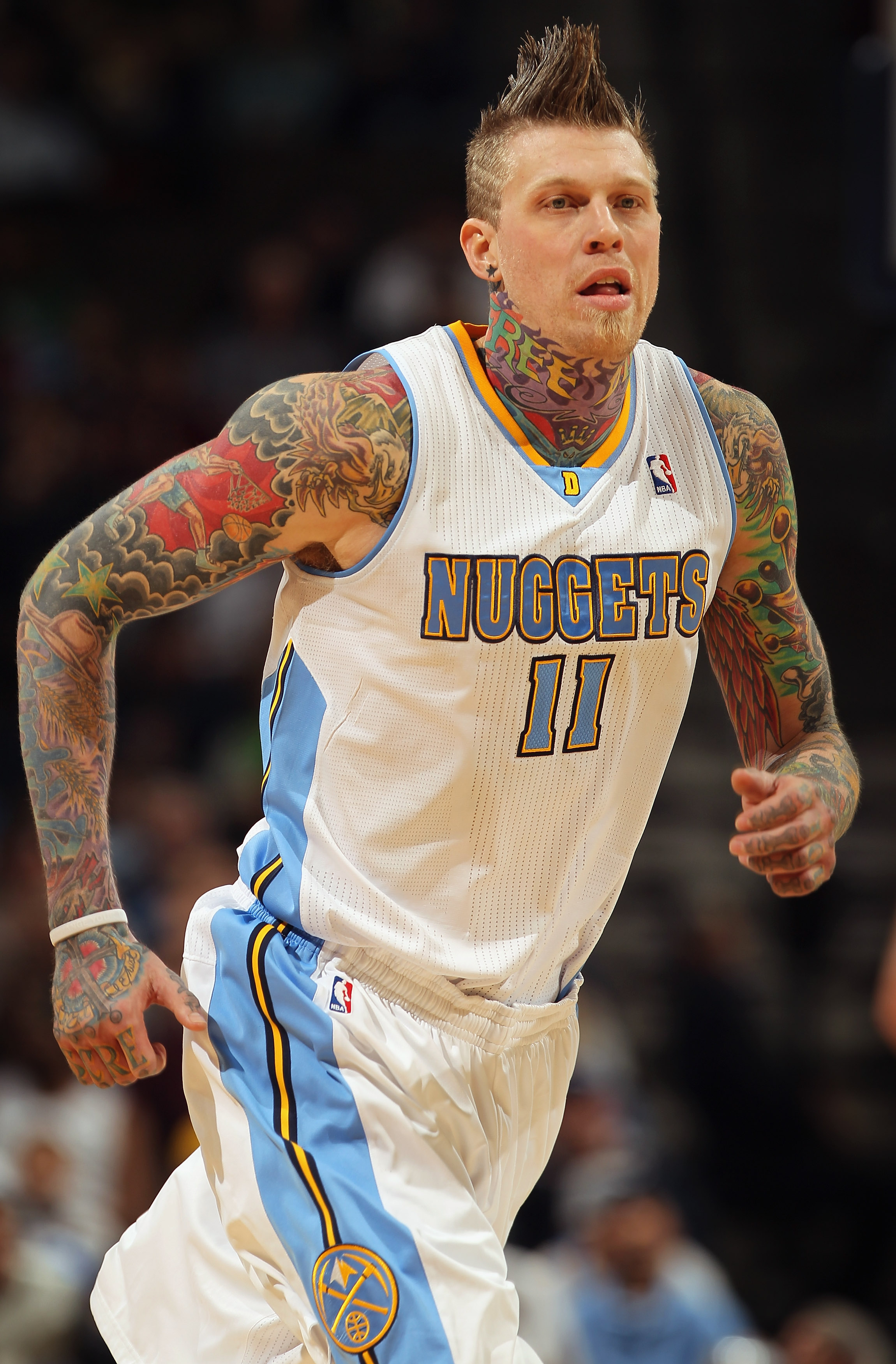 DENVER - DECEMBER 28:  Chris Andersen #11 of the Denver Nuggets runs upcourt against the Portland Trail Blazers at Pepsi Center on December 28, 2010 in Denver, Colorado. The Nuggets defeated the Blazers 95-77. NOTE TO USER: User expressly acknowledges and