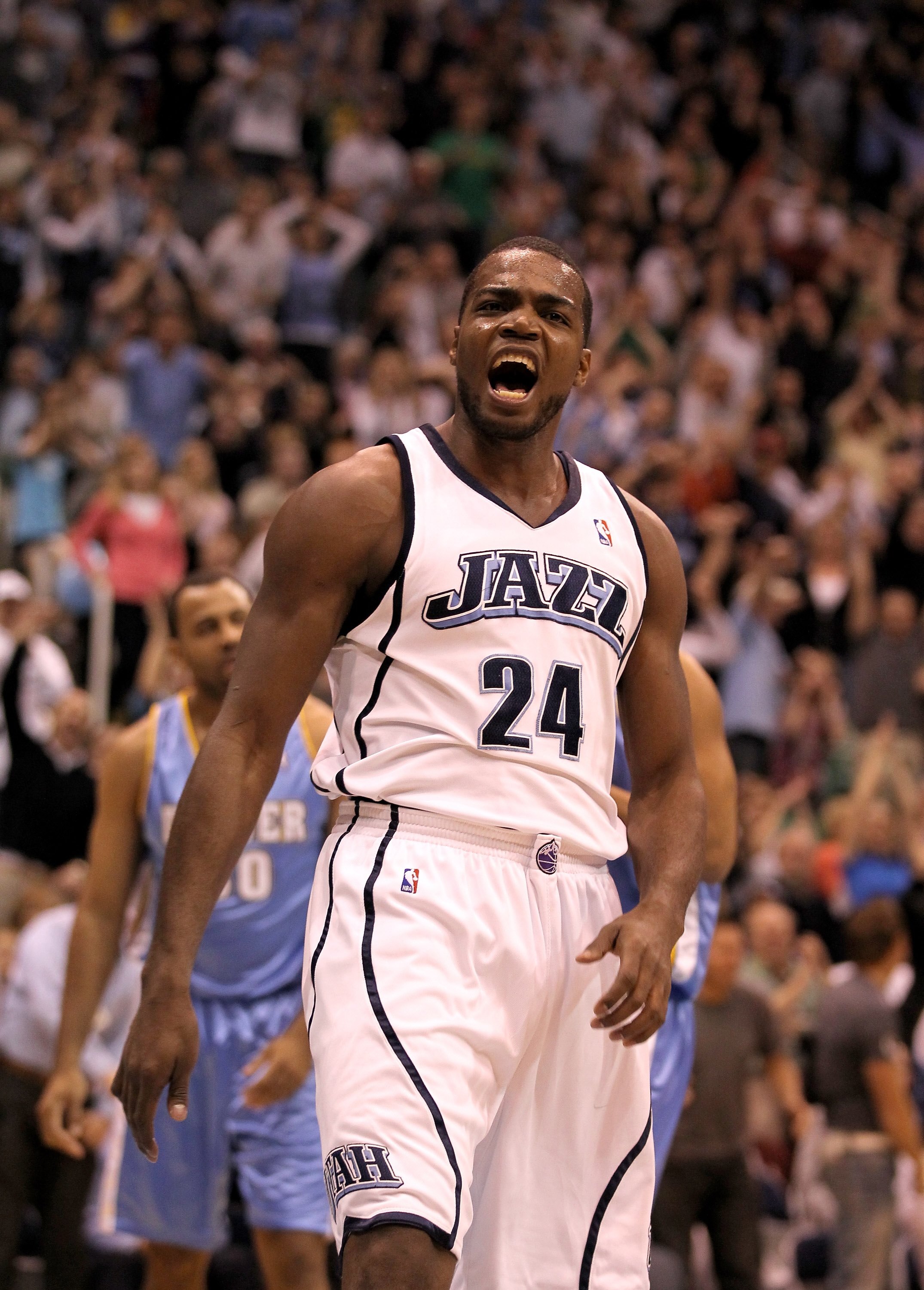 SALT LAKE CITY - APRIL 30:  Paul Millsap #24 of the Utah Jazz celebrates after making a dunk during their game against the Denver Nuggets during Game Six of the Western Conference Quarterfinals of the 2010 NBA Playoffs at EnergySolutions Arena on April 30