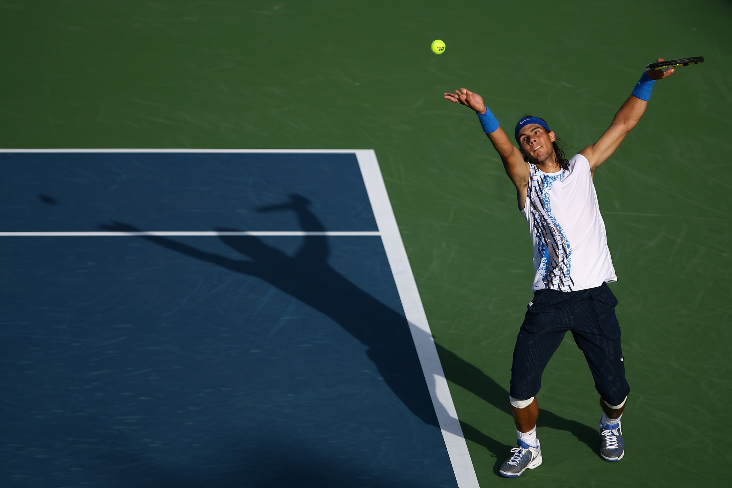 DUBAI, UNITED ARAB EMIRATES - MARCH 04:  Rafael Nadal of Spain in action against Philipp Kohlschreiber of Germany during the ATP Barclays Dubai Tennis Championships at the Dubai Tennis Stadium on March 4, 2008 in Dubai, United Arab Emirates.  (Photo by Ju