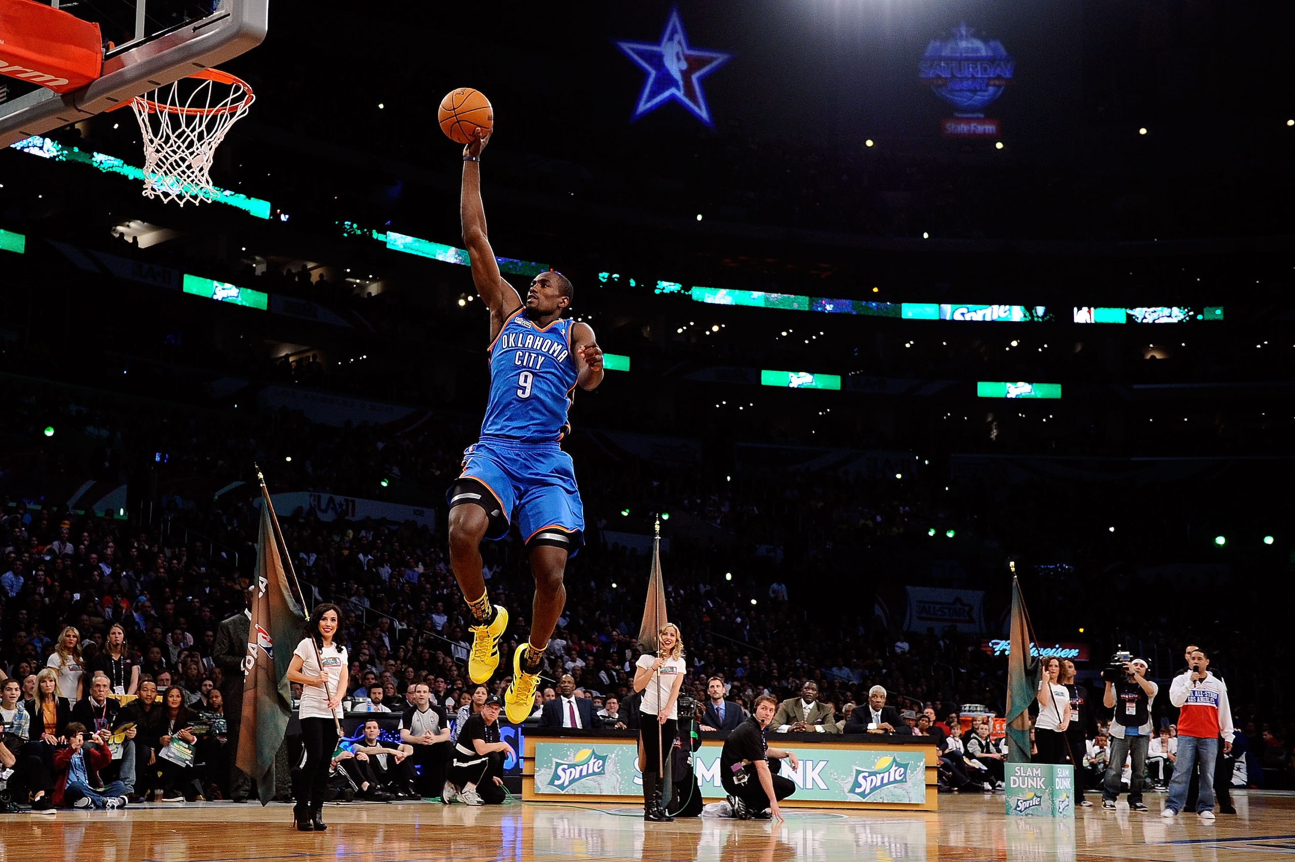LOS ANGELES, CA - FEBRUARY 19:  Serge Ibaka #9 of the Oklahoma City Thunder dunks the ball from the free throw line in the Sprite Slam Dunk Contest apart of NBA All-Star Saturday Night at Staples Center on February 19, 2011 in Los Angeles, California. NOT
