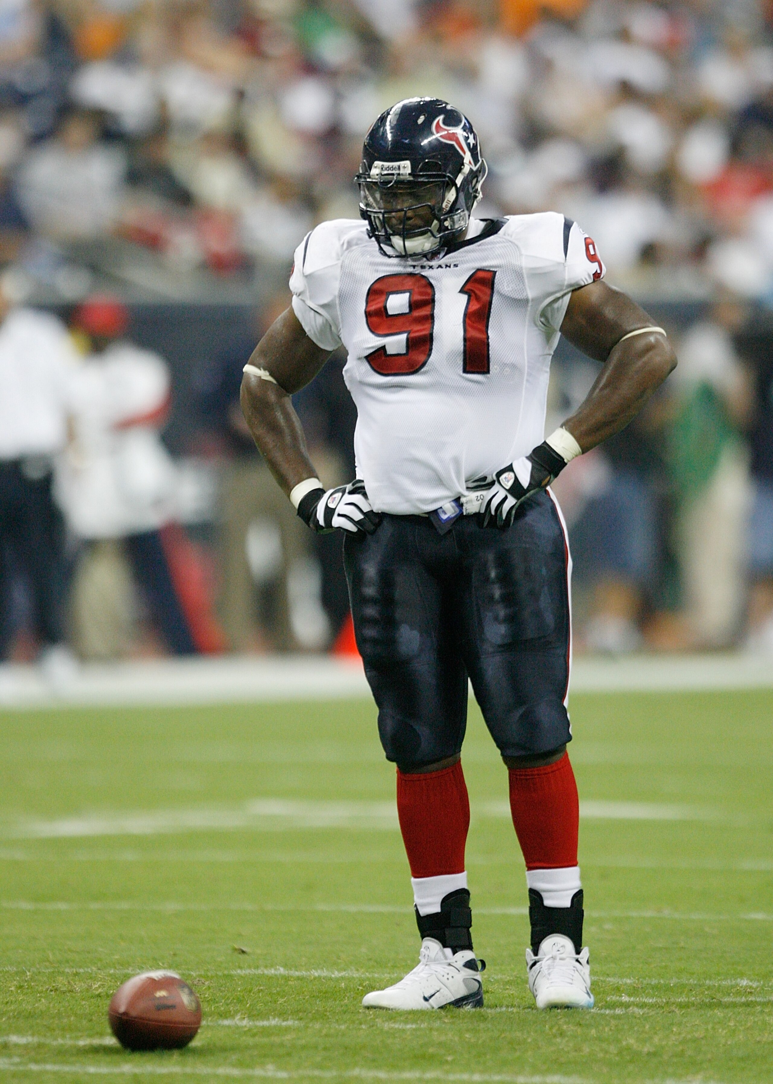 HOUSTON - AUGUST 11: First round pick Amobi Akoye #91 of the Houston Texans stands over the ball during a change of possession against the Chicago Bears during their preseason game at Reliant Stadium on August 11, 2007 in Houston, Texas. (Photo by Bob L HOUSTON - AUGUST 11: First round pick Amobi Akoye #91 of the Houston Texans stands over the ball during a change of possession against the Chicago Bears during their preseason game at Reliant Stadium on August 11, 2007 in Houston, Texas. (Photo by Bob L