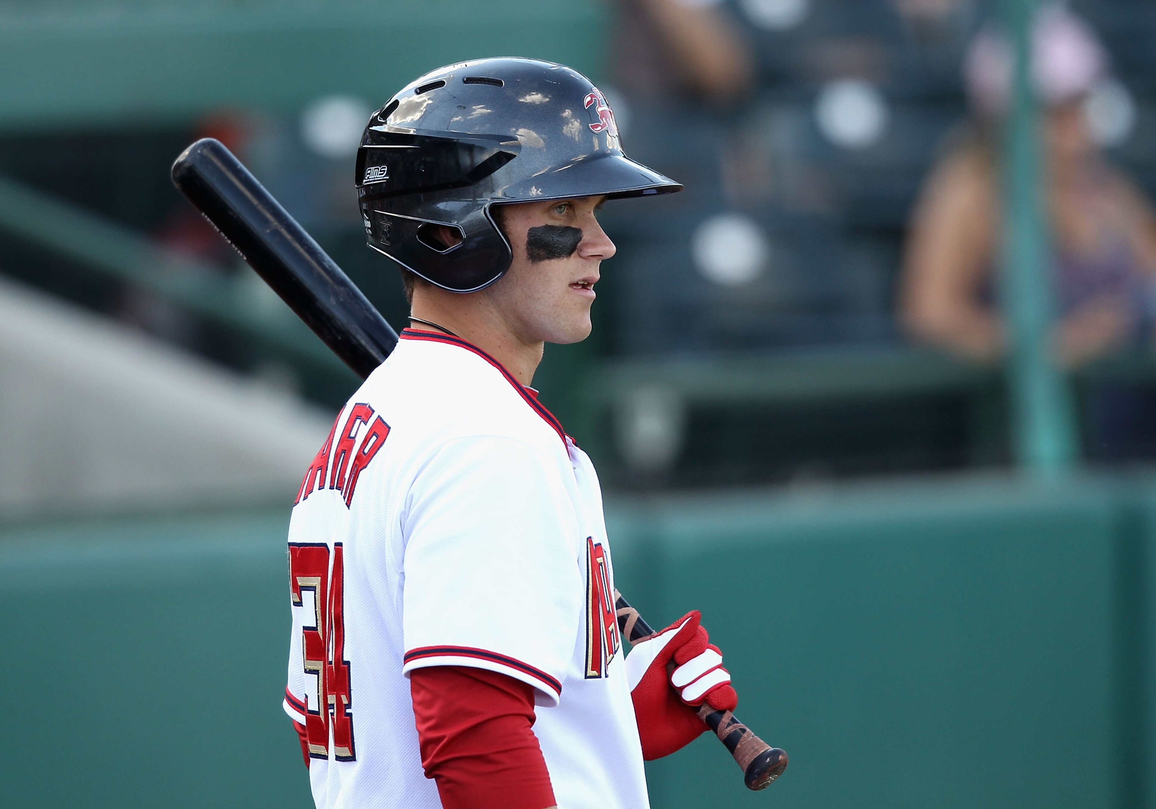 SCOTTSDALE, AZ - OCTOBER 23:  Washington Nationals prospect Bryce Harper #34 playing for the Scottsdale Scorpions warms up on deck during the AZ Fall League game against the Phoenix Desert Dogs at Scottsdale Stadium on October 23, 2010 in Scottsdale, Ariz
