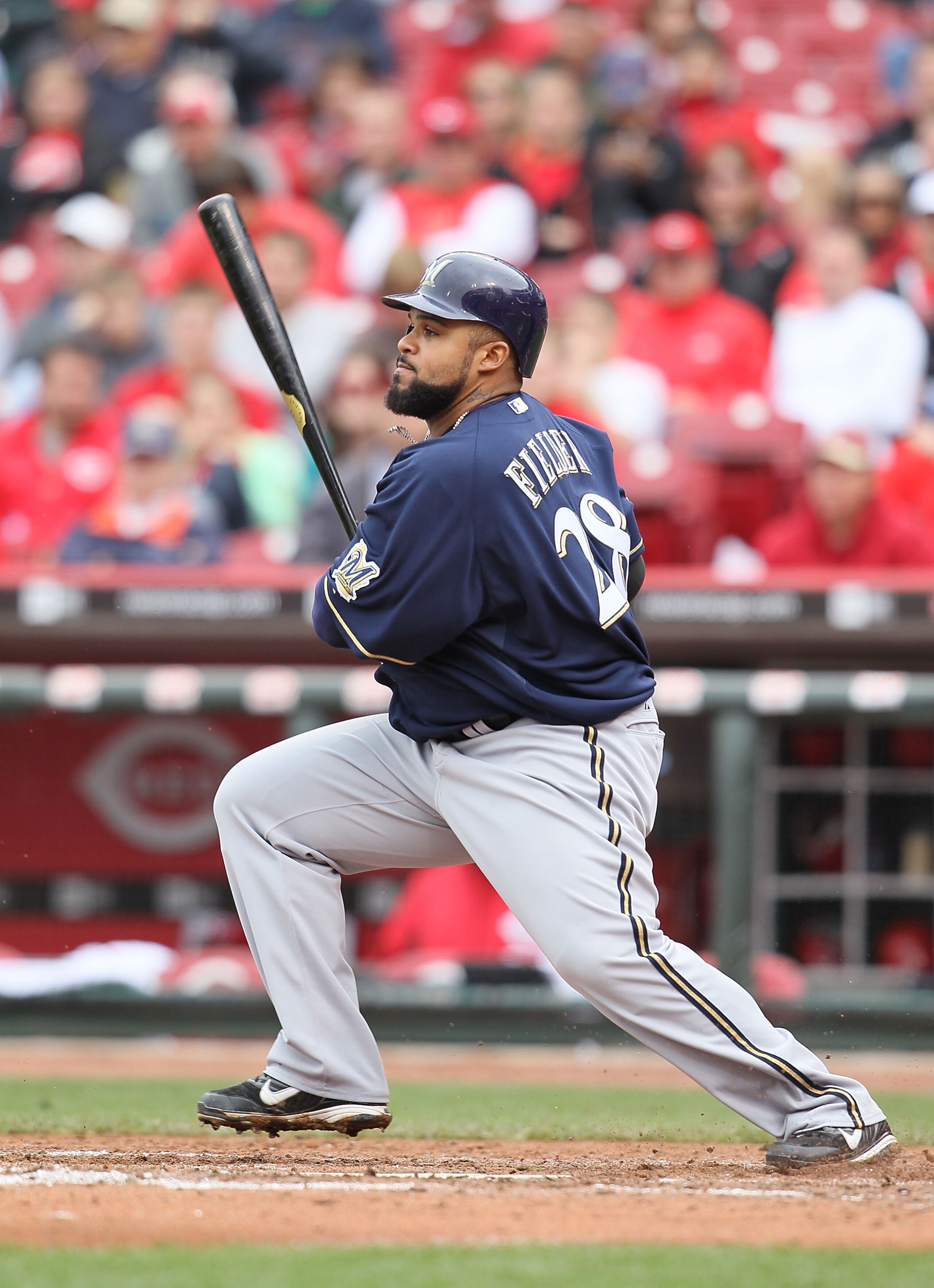 CINCINNATI - MAY 18:  Prince Fielder #28 of the Milwaukee Brewers swings at a pitch during the game against the Cincinnati Reds at Great American Ball Park on May 18, 2010 in Cincinnati, Ohio.  (Photo by Andy Lyons/Getty Images)