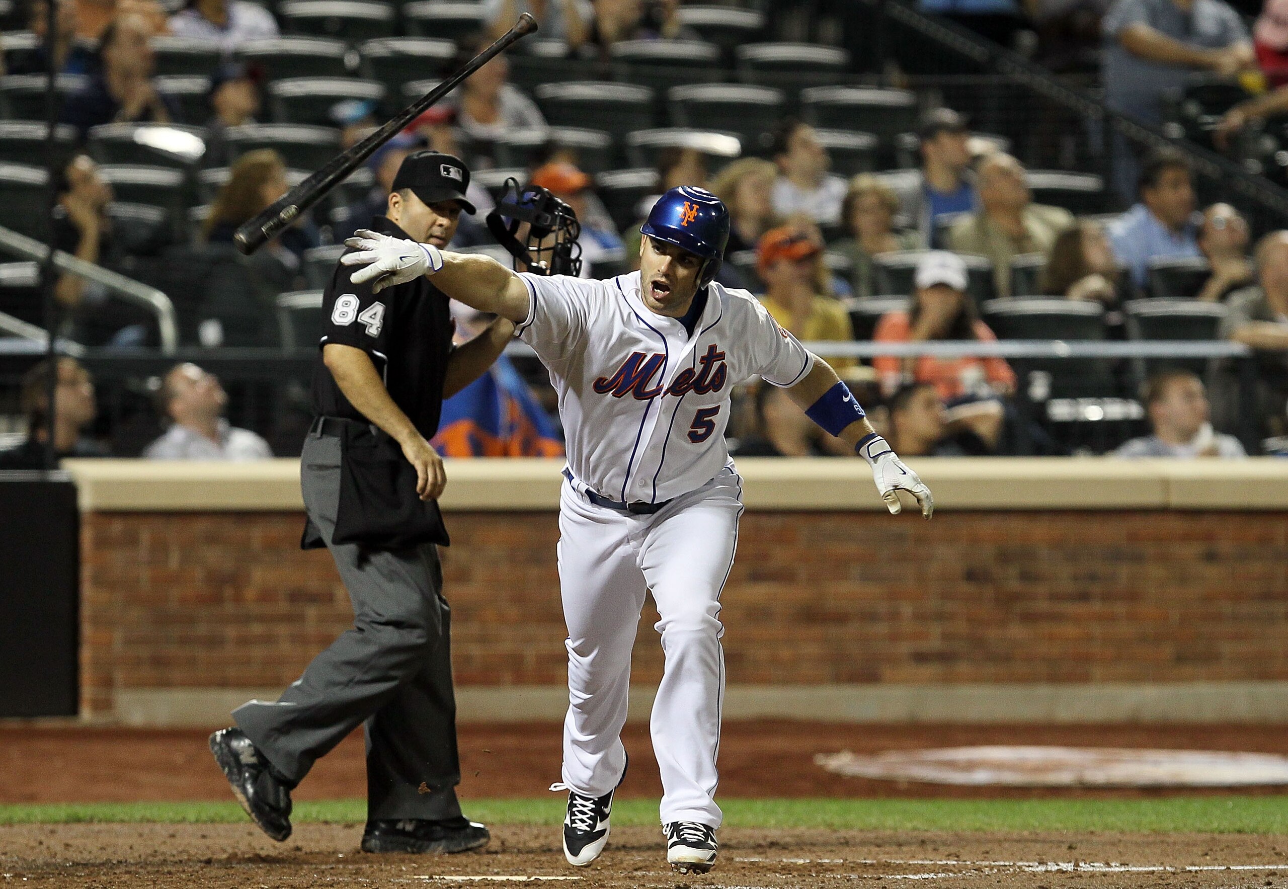 NEW YORK - AUGUST 27:  David Wright #5 of the New York Mets throws his bat after flying out in the fourth inning against the Houston Astros on August 27, 2010 at Citi Field in the Flushing neighborhood of the Queens borough of New York City.  (Photo by Ji
