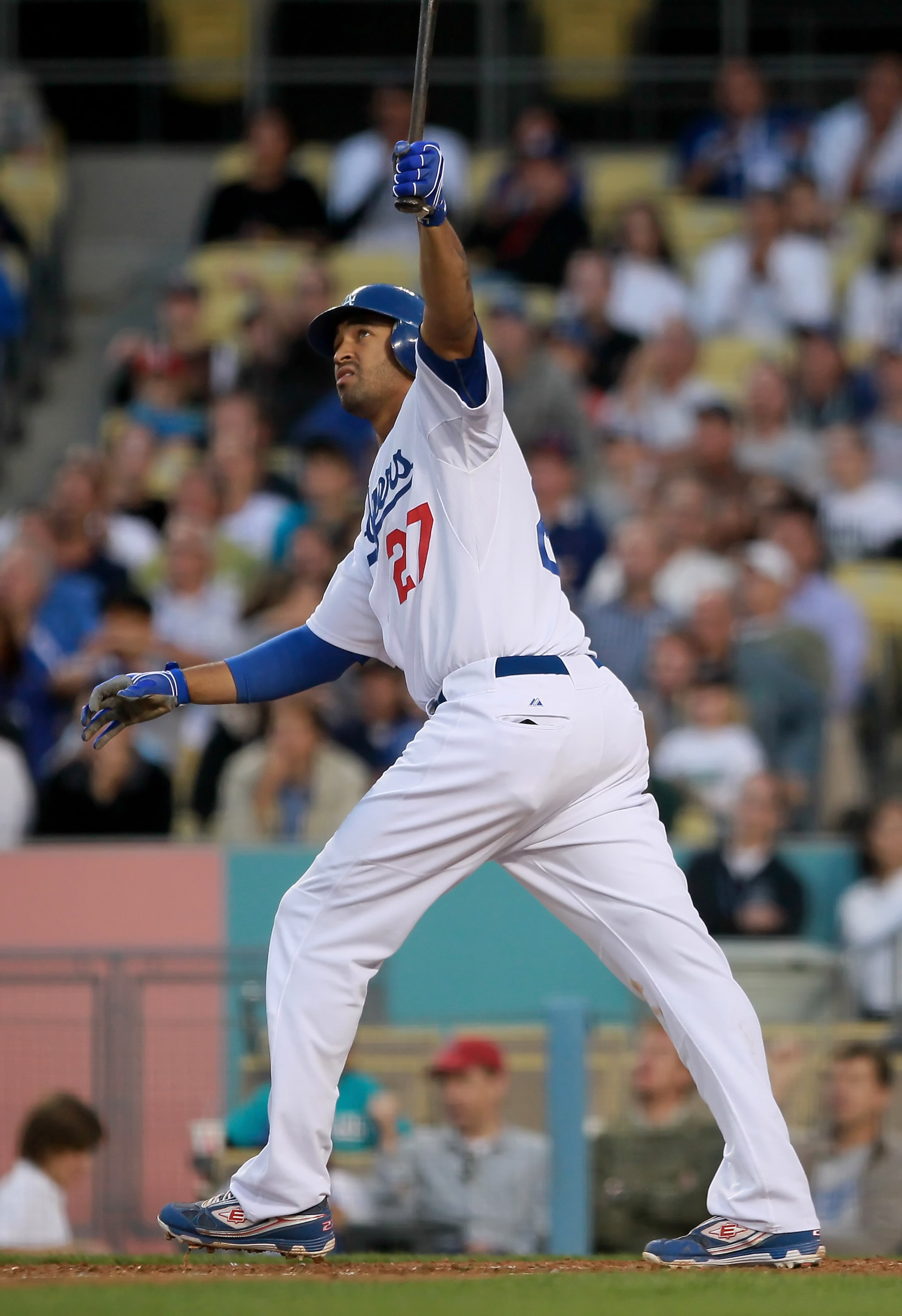 LOS ANGELES, CA - JULY 06:  Matt Kemp #27 of the Los Angeles Dodgers hits a two-run homerun in the second inning against the Florida Marlins at Dodger Stadium on July 6, 2010 in Los Angeles, California.  (Photo by Jeff Gross/Getty Images)