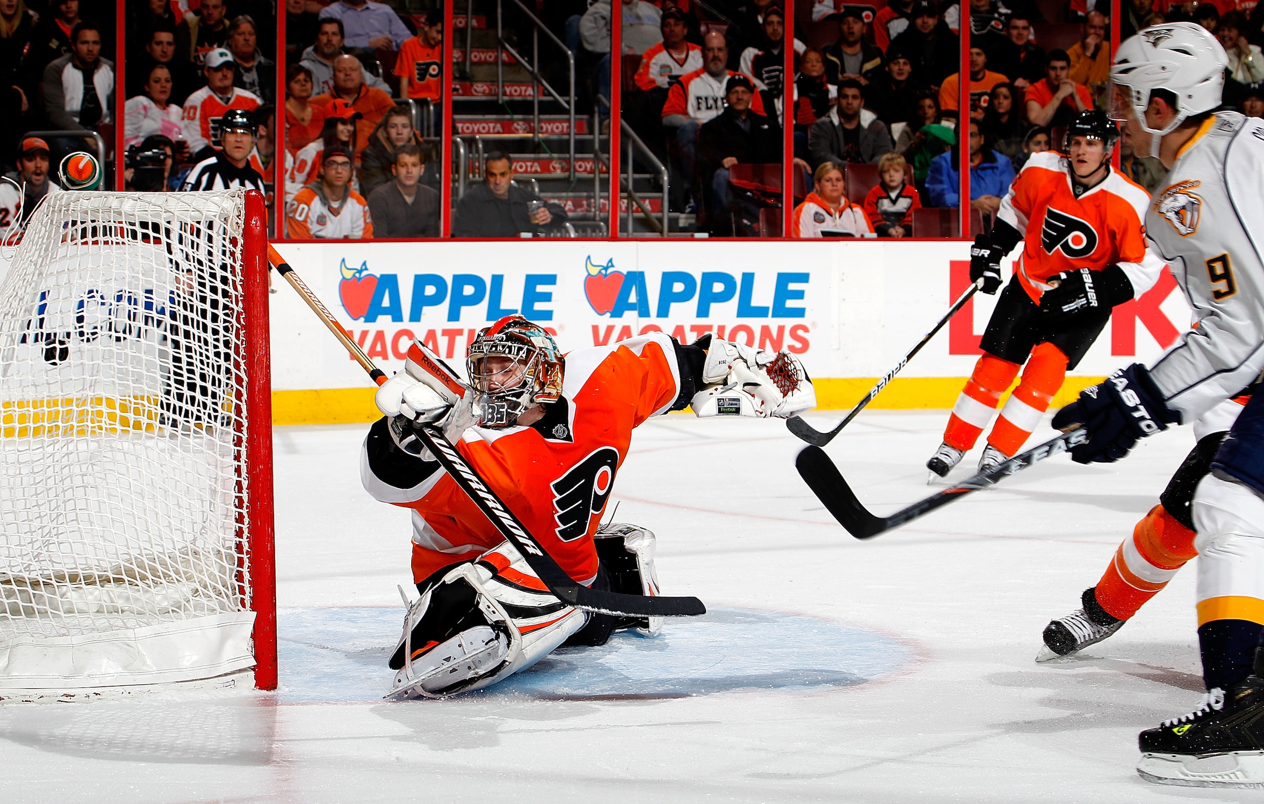 PHILADELPHIA, PA - FEBRUARY 03:  Marcel Goc #9 of the Nashville Predators follows through watching his shot beat Goalie Sergei Bobrovsky #35 of the Philadelphia Flyers for a goal during the first period of an NHL hockey game at the Wells Fargo Center on F