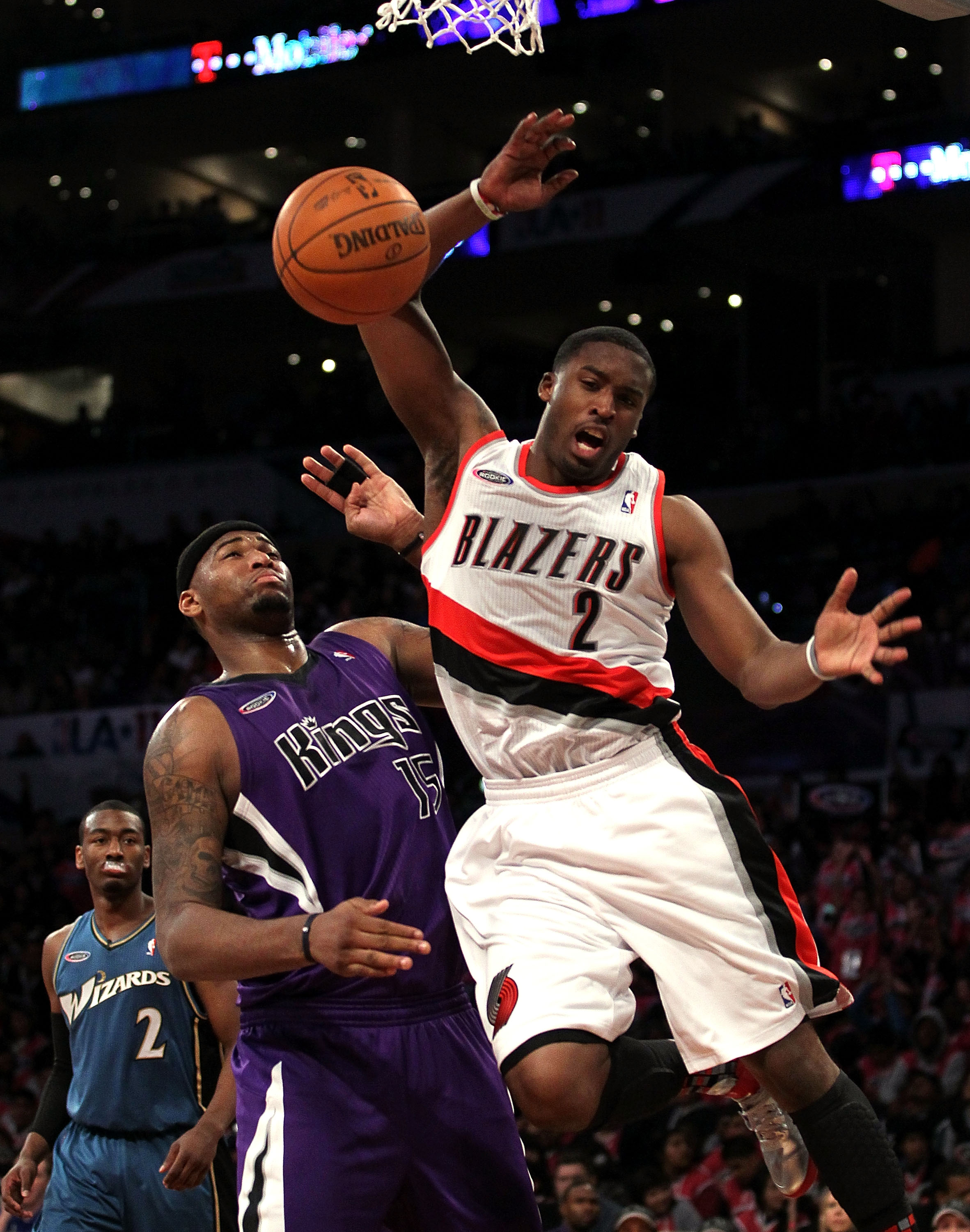 LOS ANGELES, CA - FEBRUARY 18:  Wesley Matthews #2 of the Portland Trailblazers and the Sophomore Team goes up for a shot against DeMarcus Cousins #15 of the Sacramento Kings and the Rookie Team in the second half during the T-Mobile Rookie Challenge and
