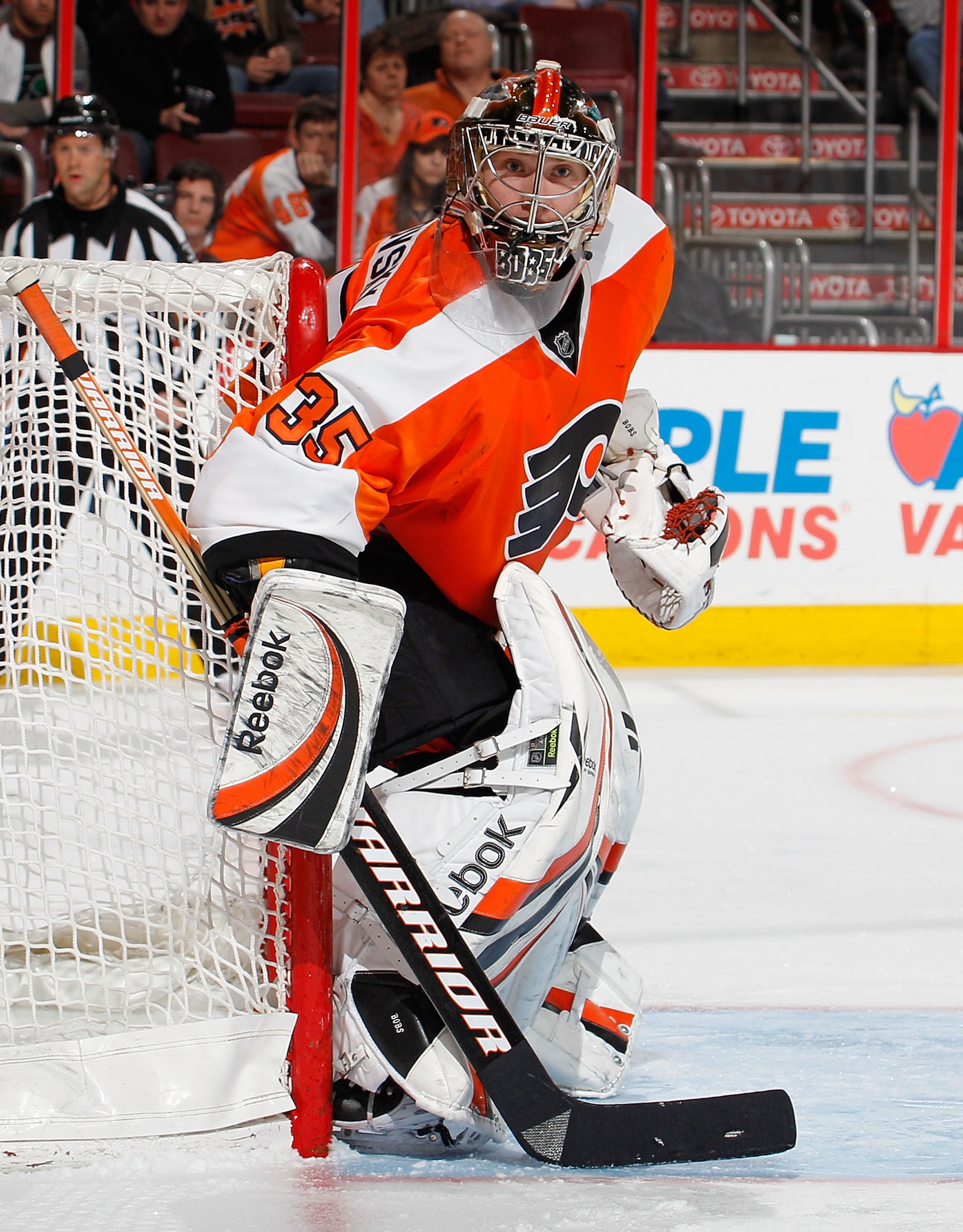 PHILADELPHIA, PA - FEBRUARY 03:  Goalie Sergei Bobrovsky #35 of the Philadelphia Flyers  follows the puck during an NHL hockey game against the Nashville Predators at the Wells Fargo Center on February 3, 2011 in Philadelphia, Pennsylvania.  (Photo by Pau
