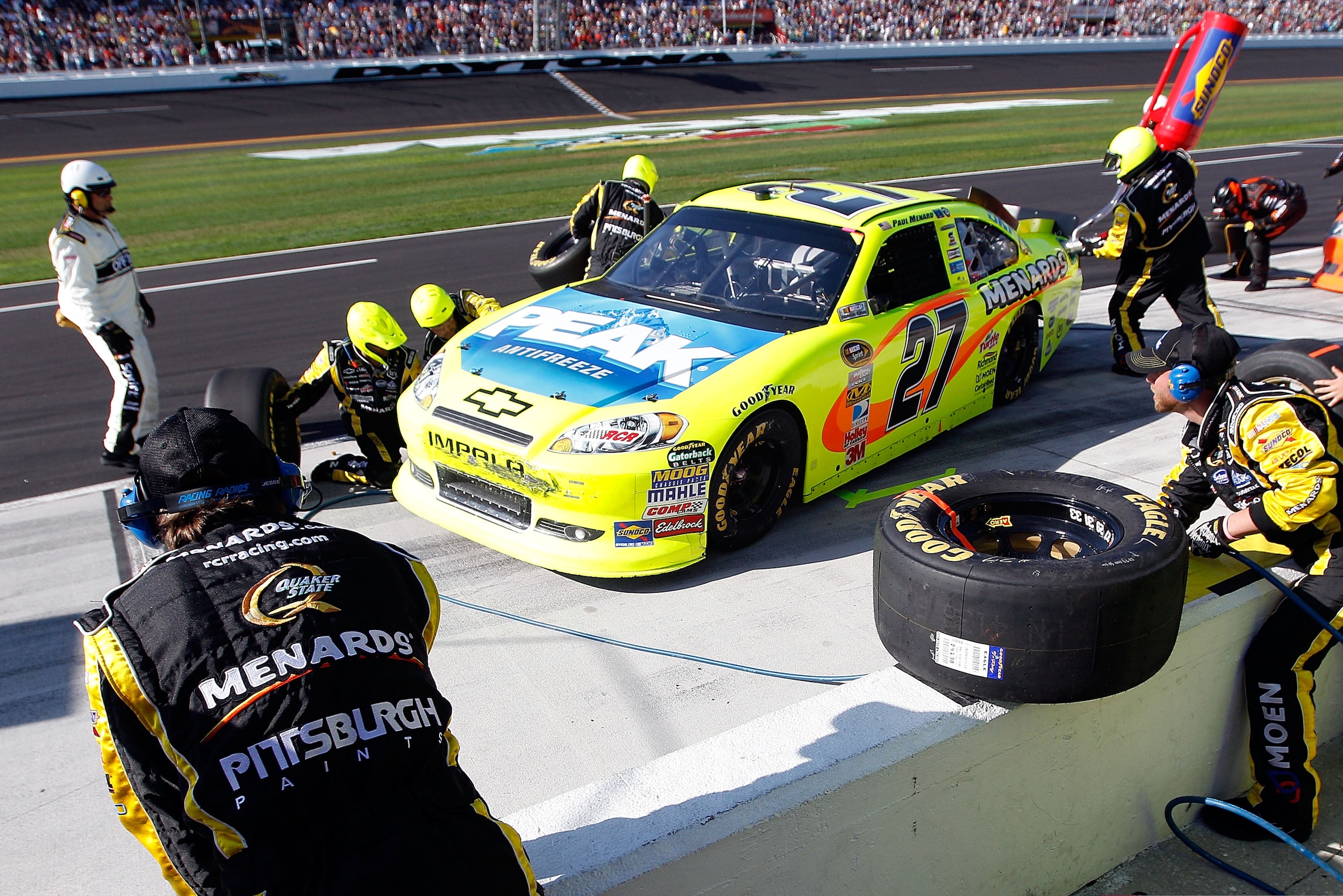 DAYTONA BEACH, FL - FEBRUARY 20: Paul Menard pits the #27 Menards Chevrolet during the NASCAR Sprint Cup Series Daytona 500 at Daytona International Speedway on February 20, 2011 in Daytona Beach, Florida. (Photo by Chris Graythen/Getty Images) DAYTONA BEACH, FL - FEBRUARY 20: Paul Menard pits the #27 Menards Chevrolet during the NASCAR Sprint Cup Series Daytona 500 at Daytona International Speedway on February 20, 2011 in Daytona Beach, Florida. (Photo by Chris Graythen/Getty Images)