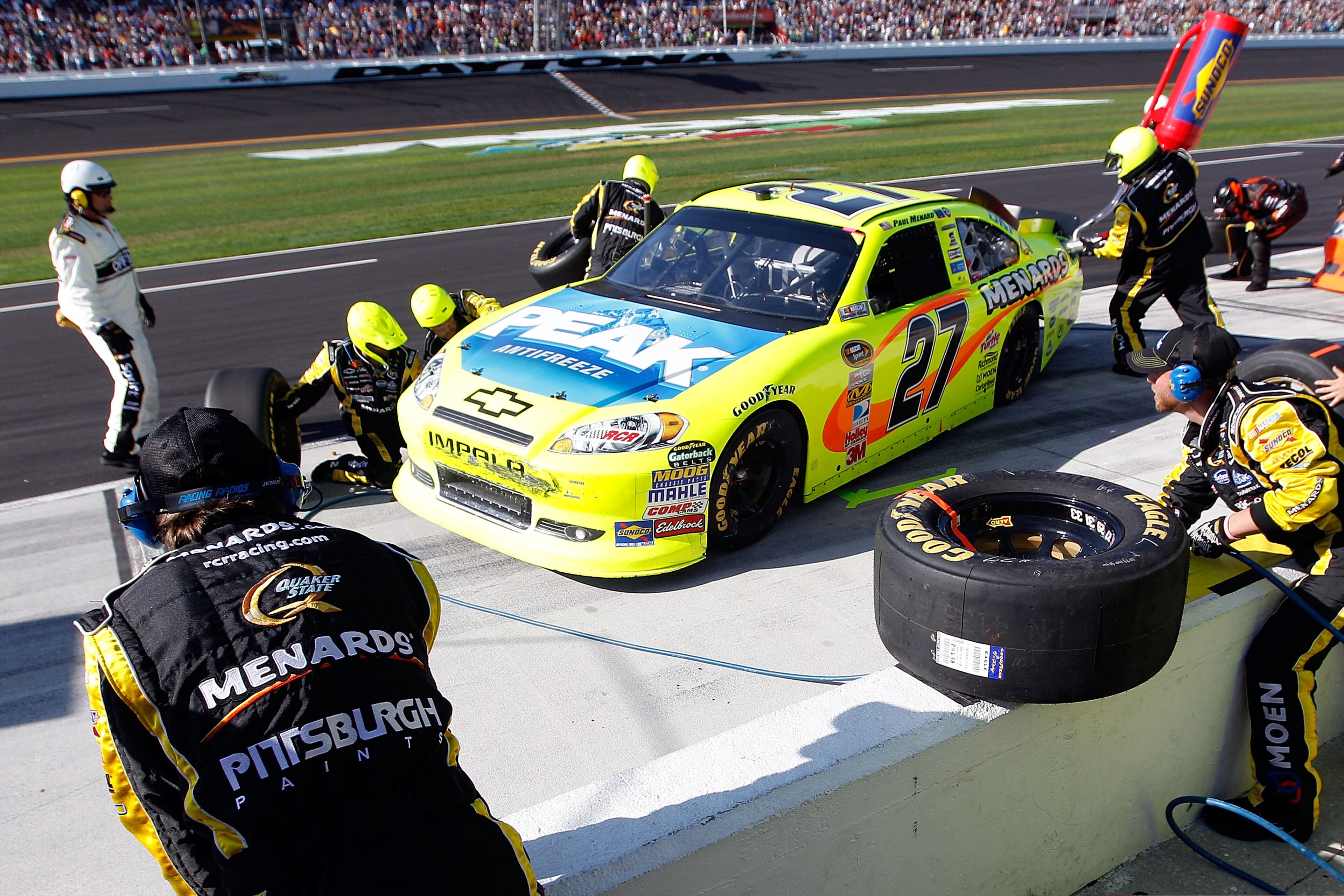 DAYTONA BEACH, FL - FEBRUARY 20:  Paul Menard pits the #27 Menards Chevrolet during the NASCAR Sprint Cup Series Daytona 500 at Daytona International Speedway on February 20, 2011 in Daytona Beach, Florida.  (Photo by Chris Graythen/Getty Images)