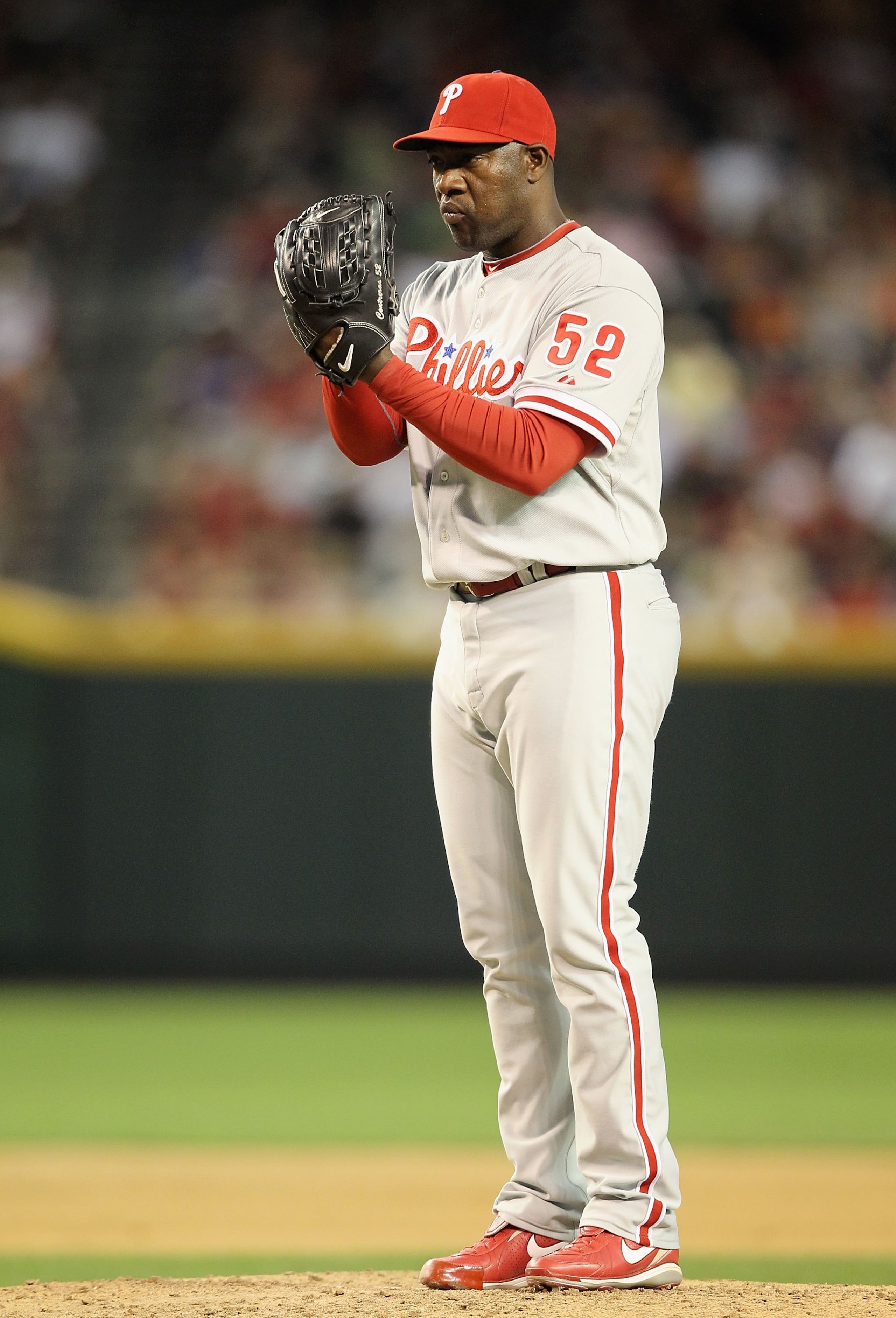PHOENIX - APRIL 24:  Relief pitcher Jose Contreras #52 of the Philadelphia Phillies pitches against the Arizona Diamondbacks in the Major League Baseball game at Chase Field on April 24, 2010 in Phoenix, Arizona.  The Phillies defeated the Diamondbacks 3-