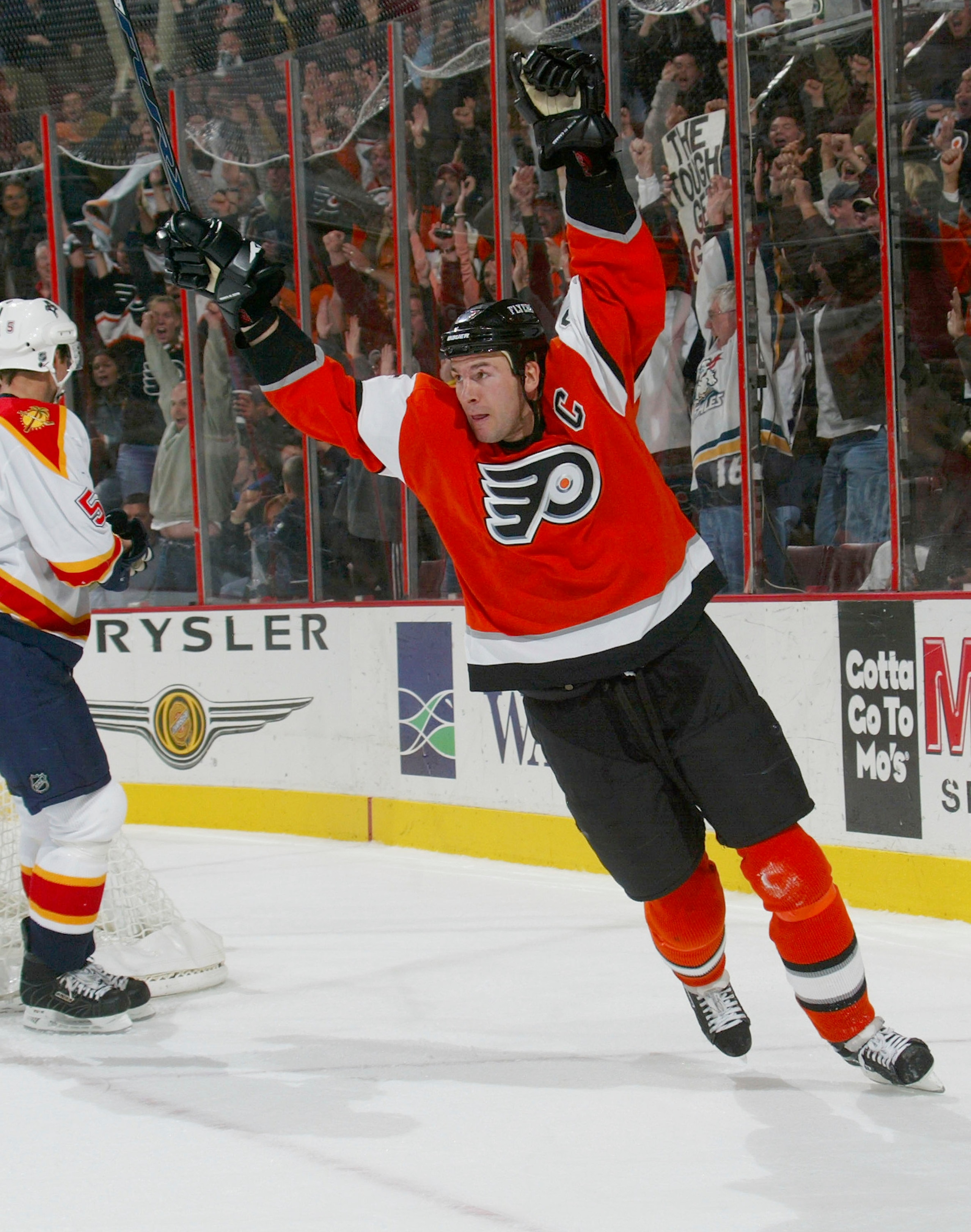 PHILADELPHIA - OCTOBER 27:  Keith Primeau #55 of the Philadelphia Flyers celebrates a goal by teammate Peter Forsberg #21, tying the game against the Florida Panthers at 19:10 of the third period on October 27, 2005 at the Wachovia Center in Philadelphia,