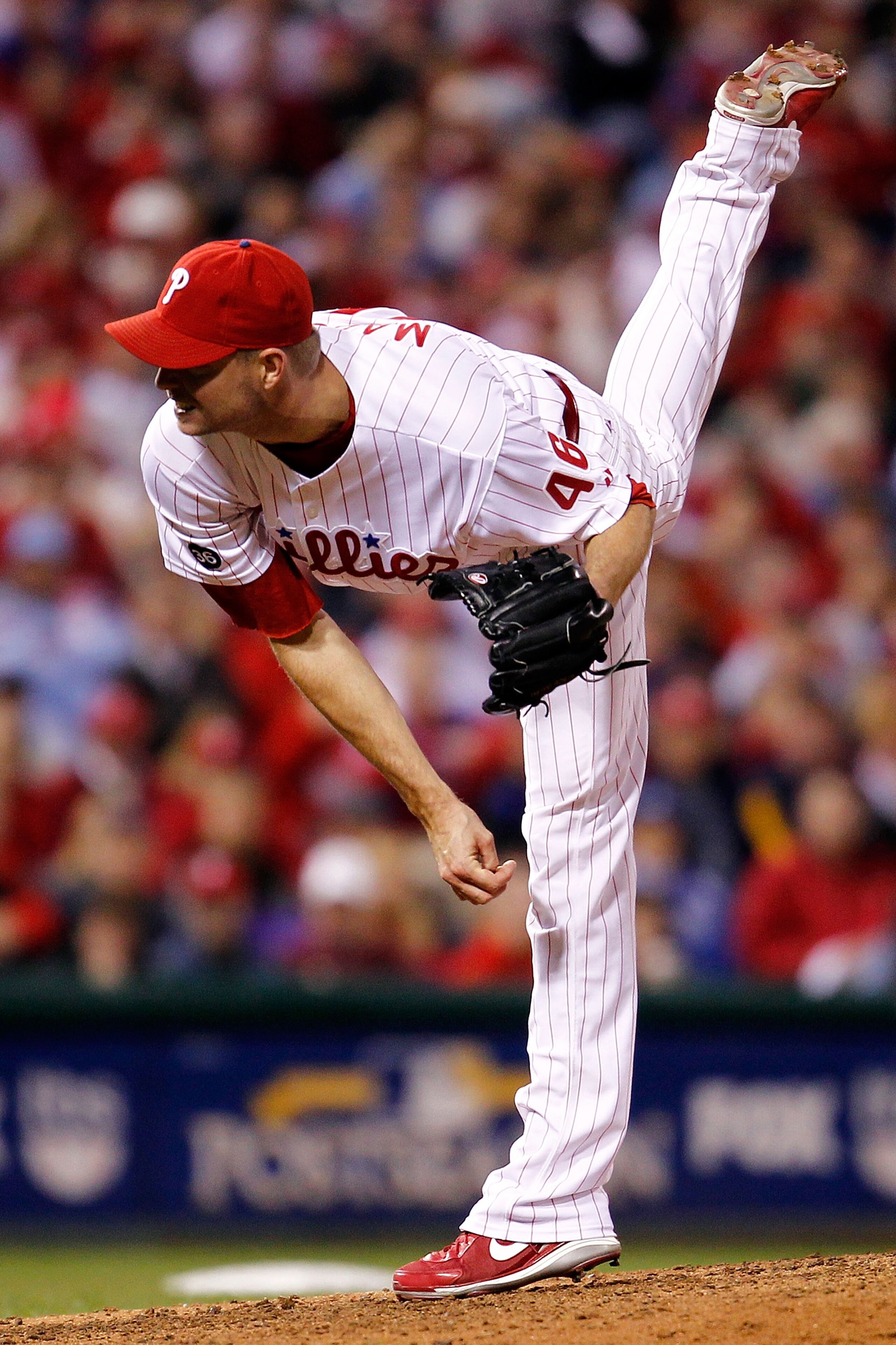 PHILADELPHIA - OCTOBER 16:  Ryan Madson #46 of the Philadelphia Phillies on the mound in the eighth inning against the San Francisco Giants in Game One of the NLCS during the 2010 MLB Playoffs at Citizens Bank Park on October 16, 2010 in Philadelphia, Pen