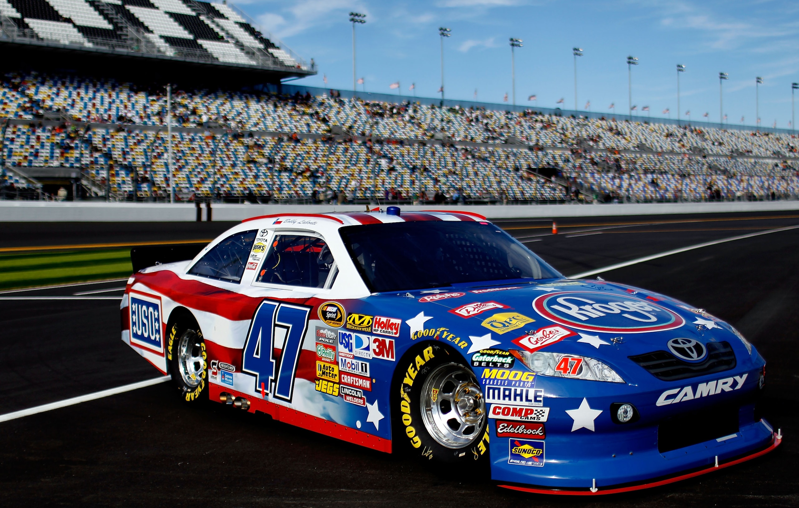 DAYTONA BEACH, FL - FEBRUARY 12: Bobby Labonte, driver of the #47 Kroger/USO Toyota, drives off pit road during practice for the NASCAR Sprint Cup Series Daytona 500 at Daytona International Speedway on February 12, 2011 in Daytona Beach, Florida. (Phot DAYTONA BEACH, FL - FEBRUARY 12: Bobby Labonte, driver of the #47 Kroger/USO Toyota, drives off pit road during practice for the NASCAR Sprint Cup Series Daytona 500 at Daytona International Speedway on February 12, 2011 in Daytona Beach, Florida. (Phot