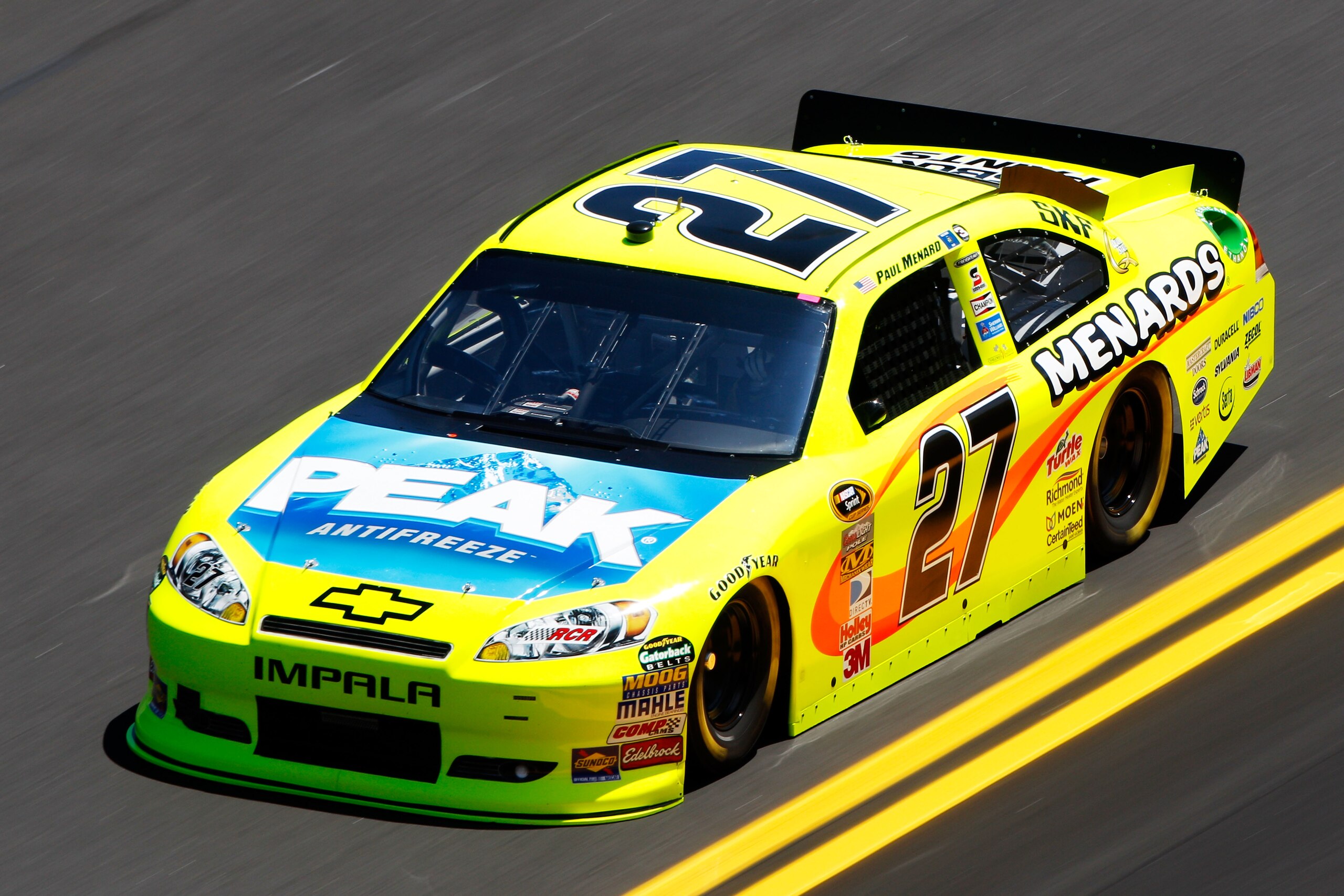DAYTONA BEACH, FL - FEBRUARY 12: Paul Menard, driver of the #27 Menards Chevrolet, practices for the NASCAR Sprint Cup Series Daytona 500 at Daytona International Speedway on February 12, 2011 in Daytona Beach, Florida. (Photo by Chris Graythen/Getty Im DAYTONA BEACH, FL - FEBRUARY 12: Paul Menard, driver of the #27 Menards Chevrolet, practices for the NASCAR Sprint Cup Series Daytona 500 at Daytona International Speedway on February 12, 2011 in Daytona Beach, Florida. (Photo by Chris Graythen/Getty Im