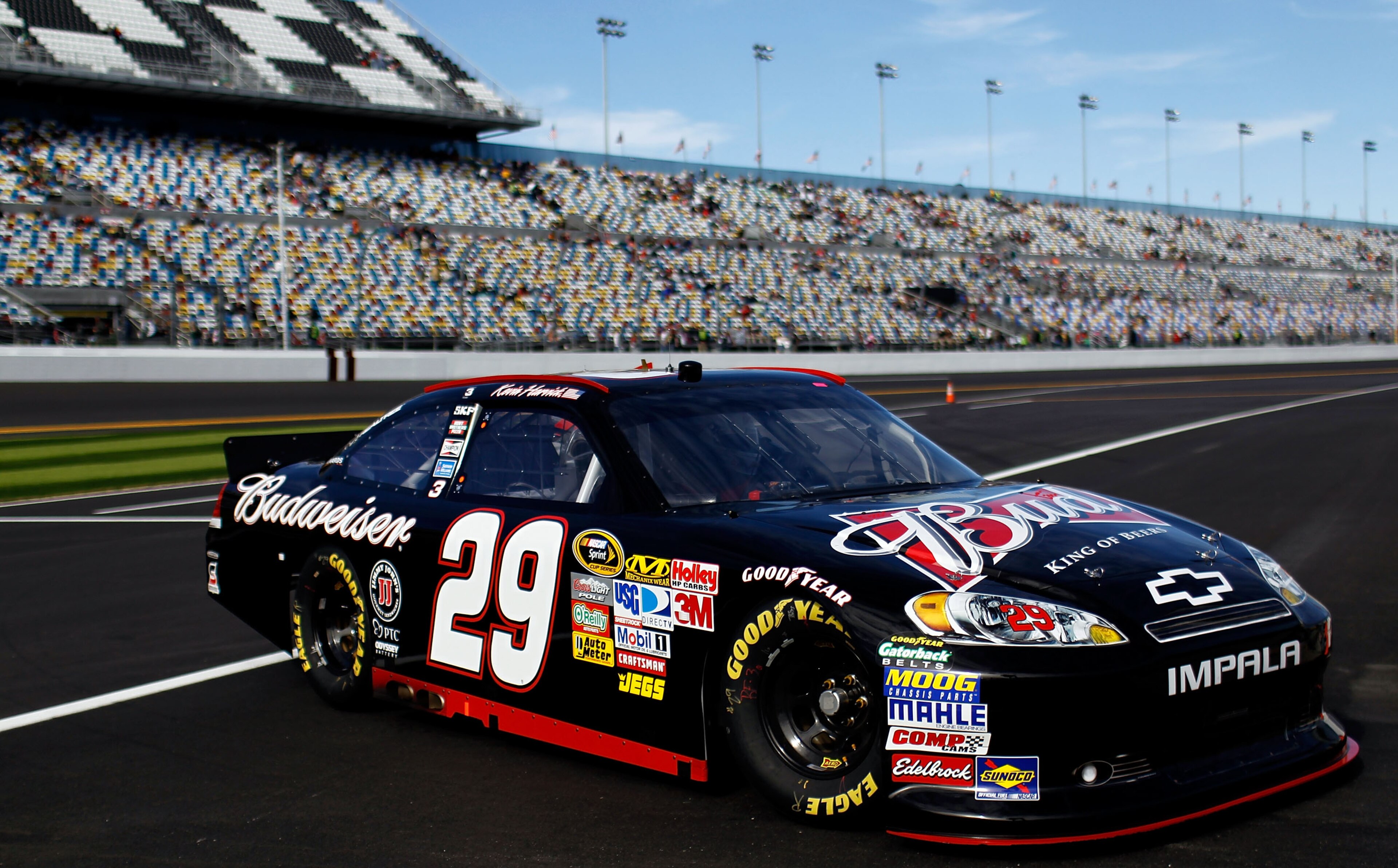DAYTONA BEACH, FL - FEBRUARY 12:  Kevin Harvick, driver of the #29 Budweiser Chevrolet, drives off pit road during practice for the NASCAR Sprint Cup Series Daytona 500 at Daytona International Speedway on February 12, 2011 in Daytona Beach, Florida.  (Ph