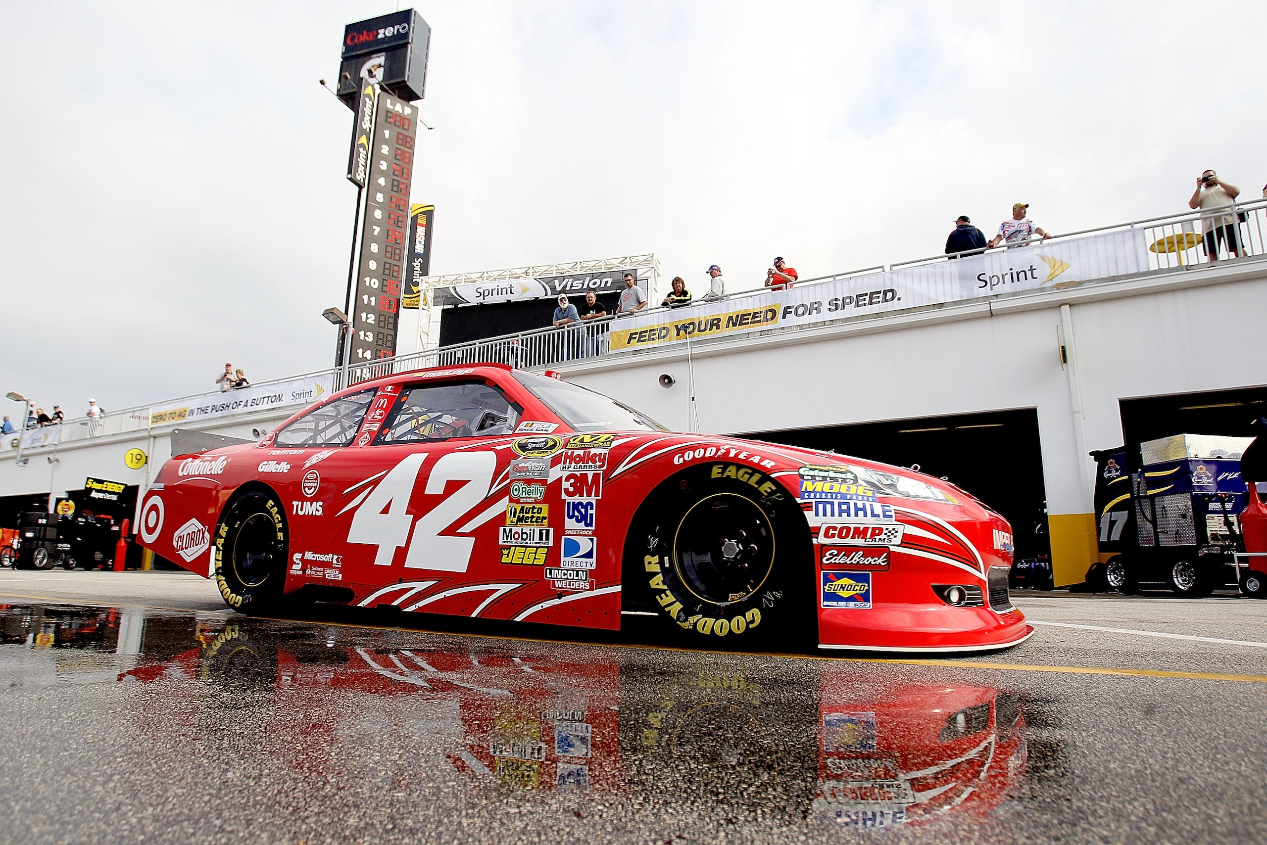DAYTONA BEACH, FL - FEBRUARY 16: Juan Pablo Montoya drives the #42 Target Chevrolet through the garage area during practice for the NASCAR Sprint Cup Series Daytona 500 at Daytona International Speedway on February 16, 2011 in Daytona Beach, Florida. (P DAYTONA BEACH, FL - FEBRUARY 16: Juan Pablo Montoya drives the #42 Target Chevrolet through the garage area during practice for the NASCAR Sprint Cup Series Daytona 500 at Daytona International Speedway on February 16, 2011 in Daytona Beach, Florida. (P