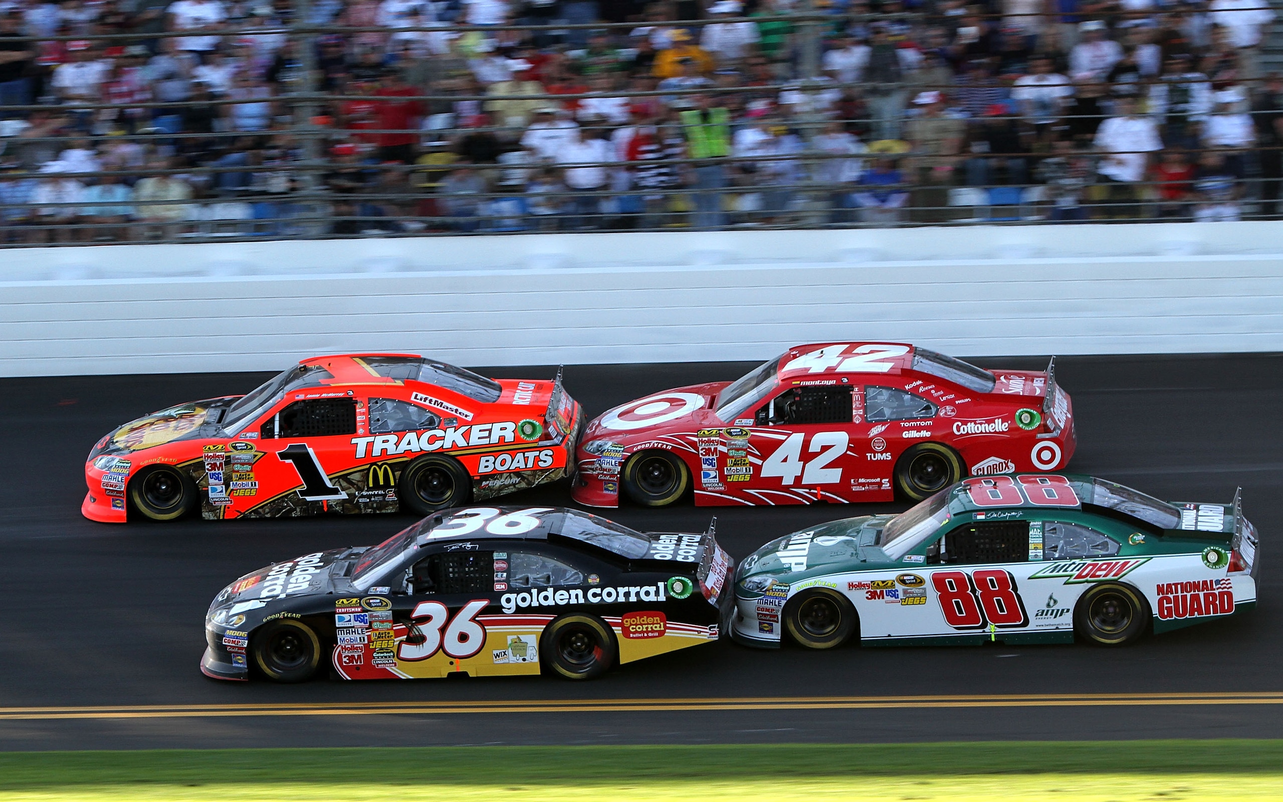 DAYTONA BEACH, FL - FEBRUARY 20: Jamie McMurray, driver of the #1 Bass Pro Shops Chevrolet, Juan Pablo Montoya, driver of the #42 Target Chevrolet, Dave Blaney, driver of the #36 Tommy Baldwin Racing Chevrolet, and Dale Earnhardt Jr., driver of the #88 DAYTONA BEACH, FL - FEBRUARY 20: Jamie McMurray, driver of the #1 Bass Pro Shops Chevrolet, Juan Pablo Montoya, driver of the #42 Target Chevrolet, Dave Blaney, driver of the #36 Tommy Baldwin Racing Chevrolet, and Dale Earnhardt Jr., driver of the #88