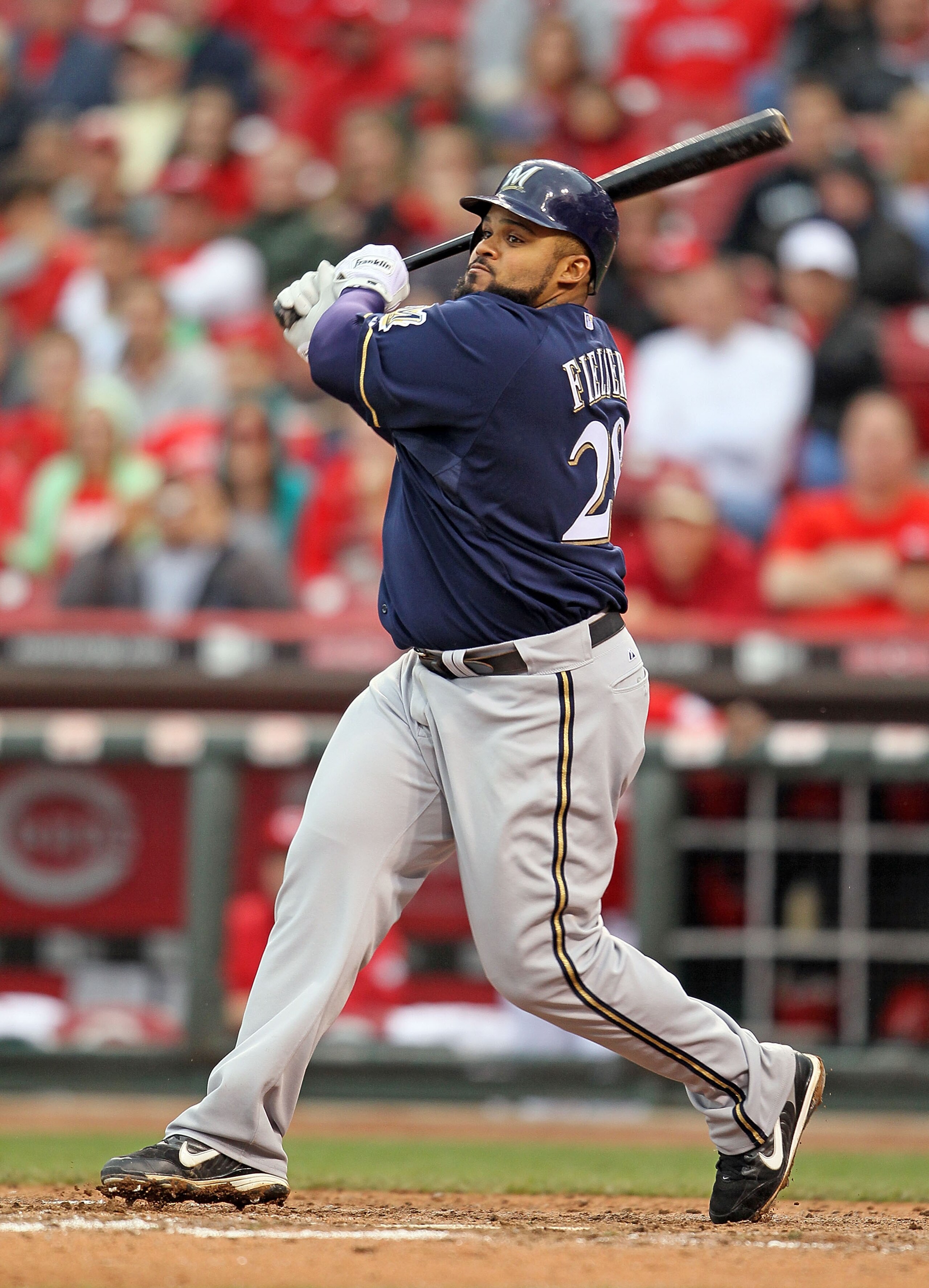 CINCINNATI - MAY 18:  Prince Fielder #28 of the Milwaukee Brewers swings at a pitch during the game against the Cincinnati Reds at Great American Ball Park on May 18, 2010 in Cincinnati, Ohio.  (Photo by Andy Lyons/Getty Images)