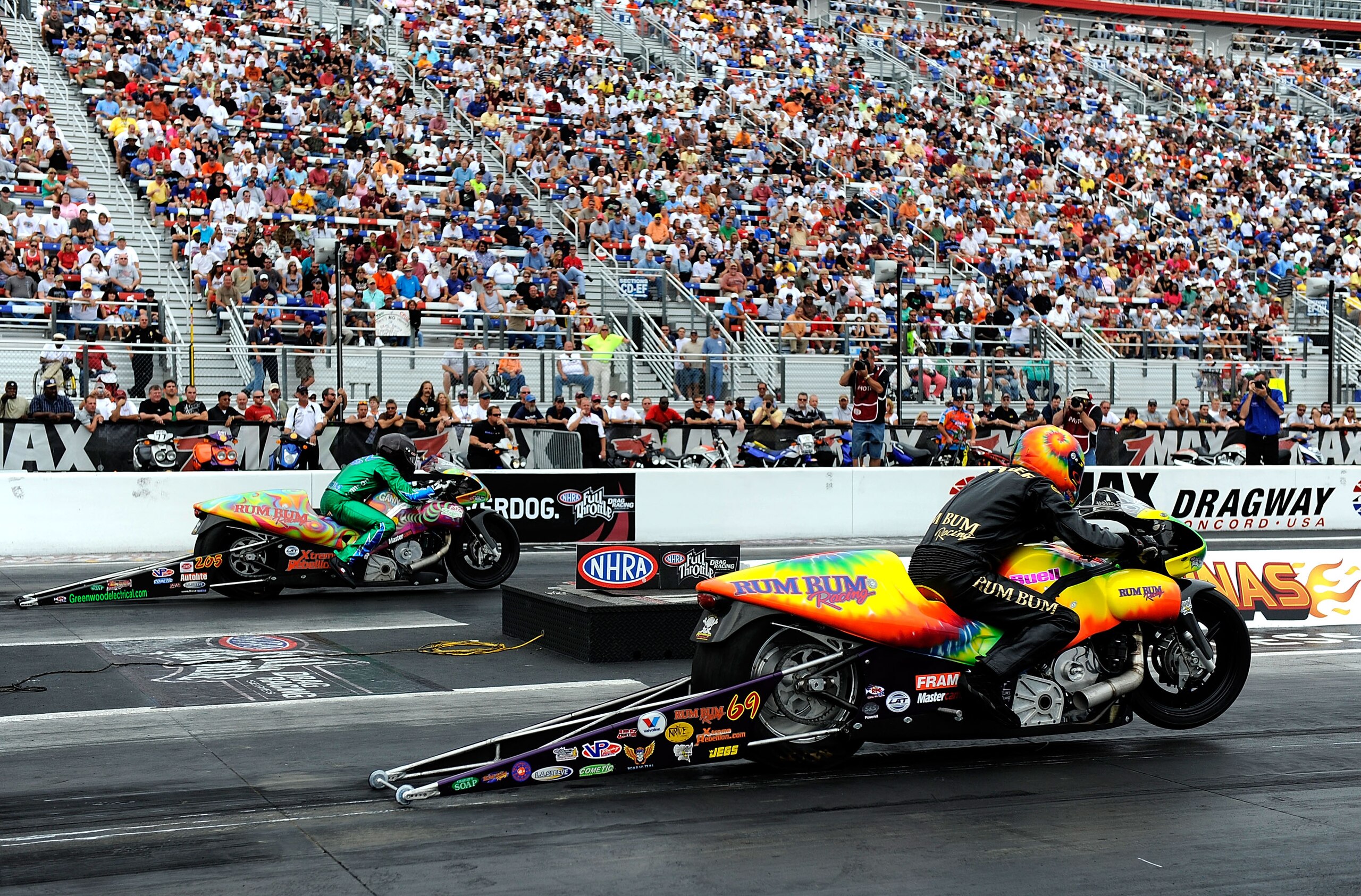 CONCORD, NC - SEPTEMBER 20:  A general view of the starting area as two pro stock bikes leave the line during the NHRA Carolinas Nationals on September 20, 2009 at Zmax Dragway in Concord, North Carolina.  (Photo by Rusty Jarrett/Getty Images)