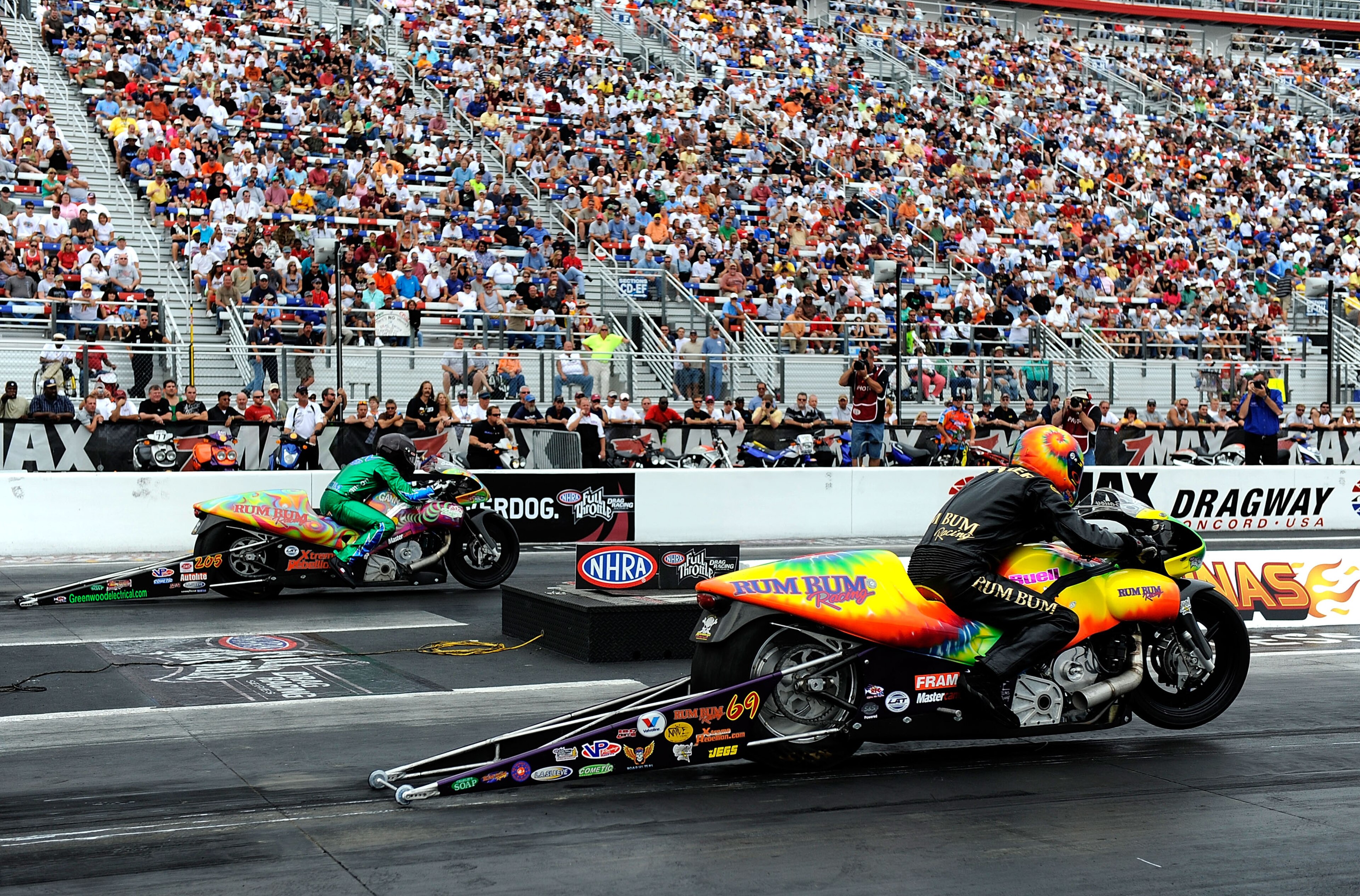 CONCORD, NC - SEPTEMBER 20:  A general view of the starting area as two pro stock bikes leave the line during the NHRA Carolinas Nationals on September 20, 2009 at Zmax Dragway in Concord, North Carolina.  (Photo by Rusty Jarrett/Getty Images)