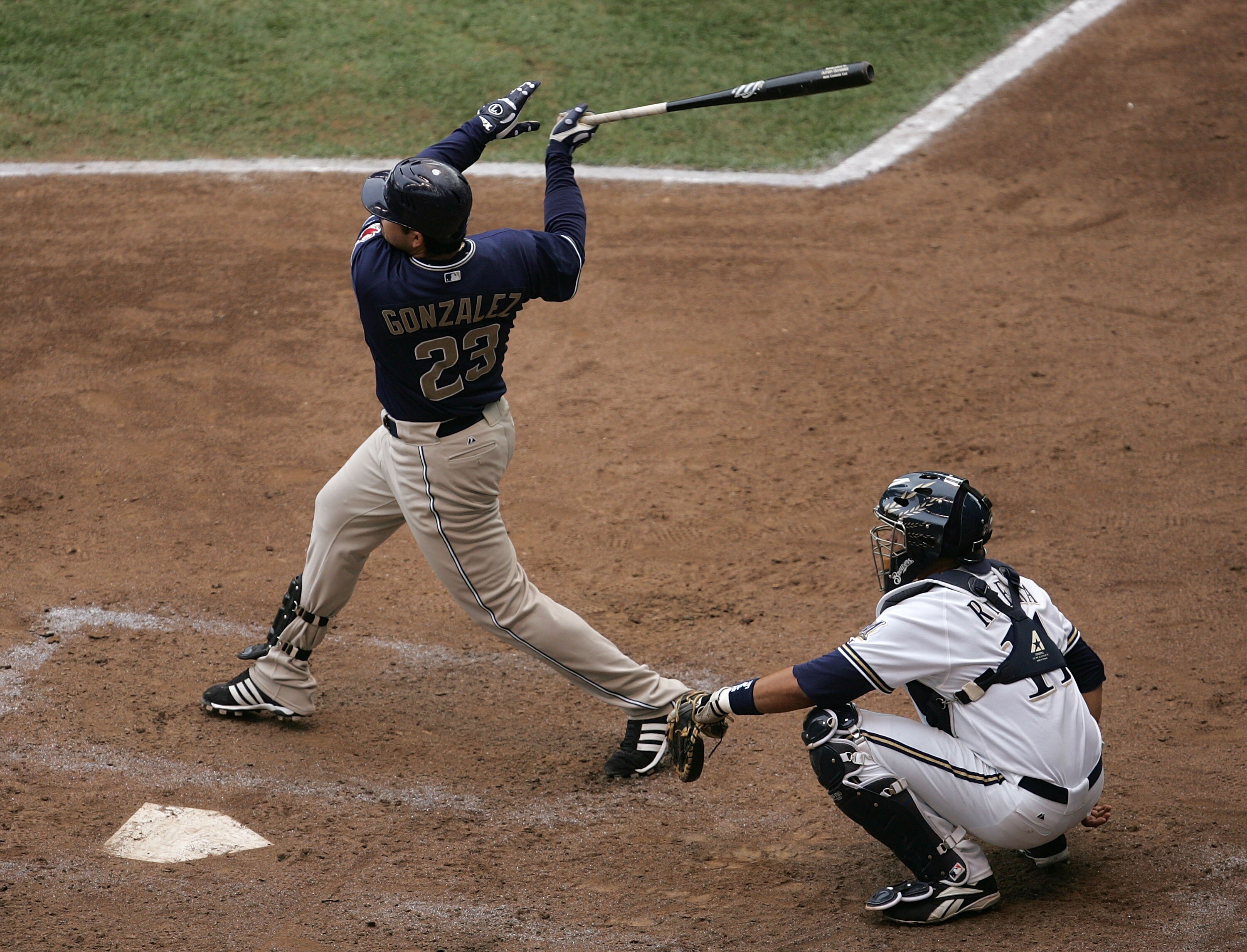 MILWAUKEE - SEPTEMBER 29: Adrian Gonzales #23 of the San Diego Padres hits his 28th home run of the season in the 6th inning against the Milwaukee Brewers on September 29, 2007 at Miller Park in Milwaukee, Wisconsin. The Brewers defeated the Padres 4-3 in